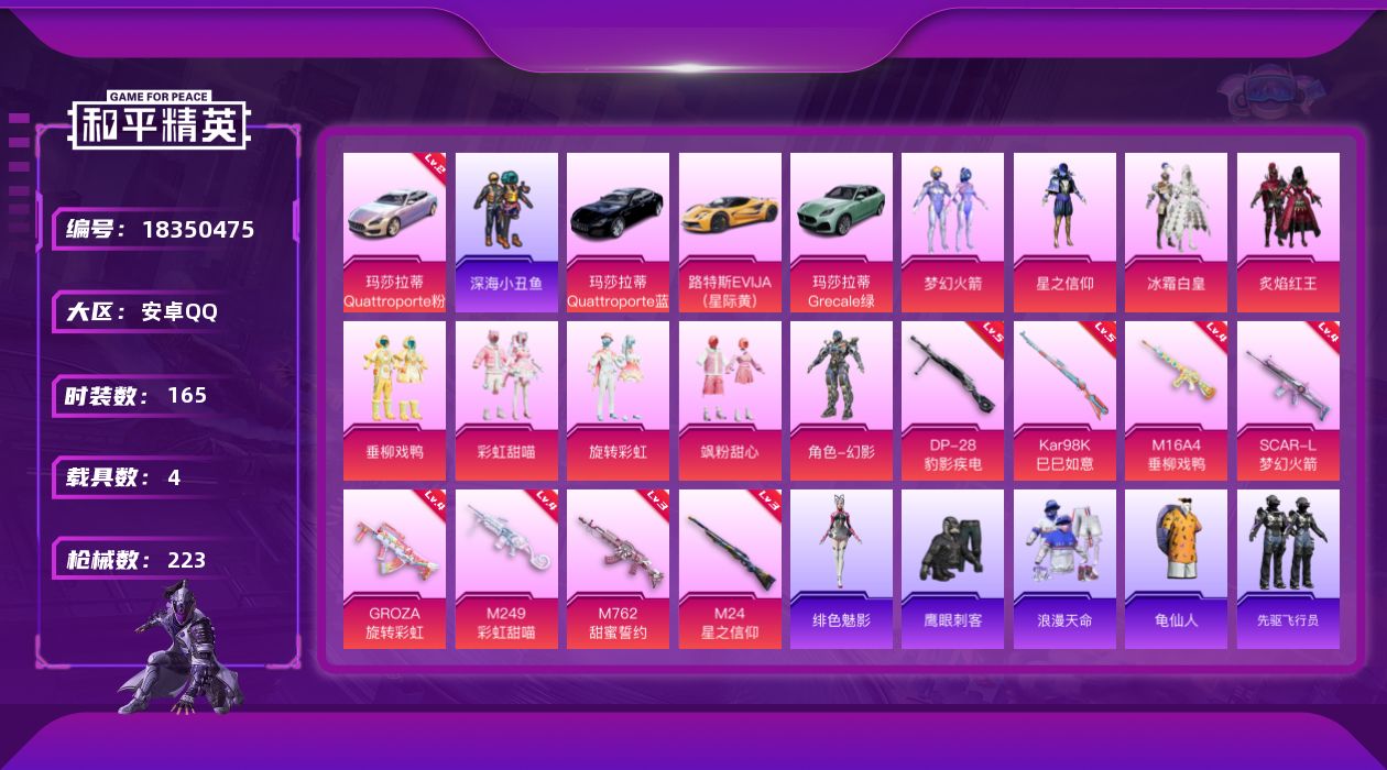 和平精英账号安卓QQ[18350475]可二次【特价出售/店主推荐】安卓 手Q-9粉装-10特效枪-4载具-5粉色飞行器-77801热力值-4王牌印记-165套装-223枪皮【红色载具】：玛莎拉蒂Quattroporte