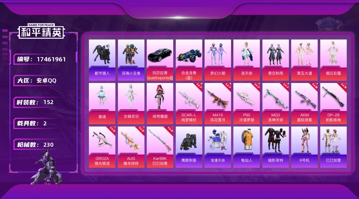 和平精英账号安卓QQ[17461961]安卓 手Q-8粉装-11特效枪-2载具-4粉色飞行器-78656热力值-16王牌印记-152套装-230枪皮
【热门品类】：粉装-梦幻火箭，套装-浪漫天命，套装-都市猎人，套装-深