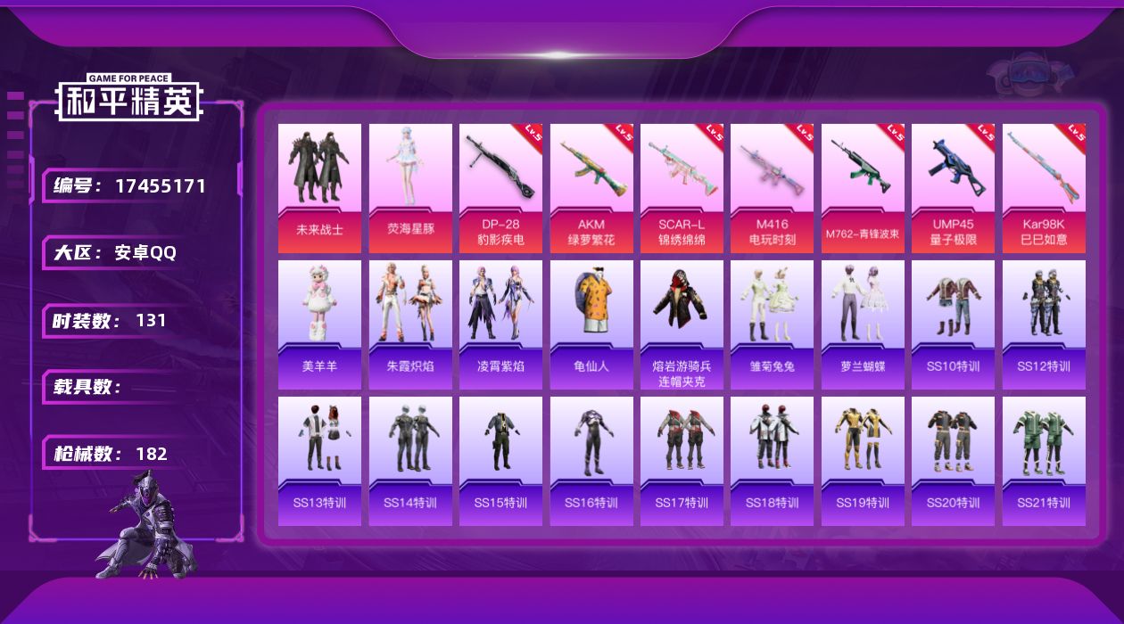 和平精英账号安卓QQ[17455171]可二次【特价出售/店主推荐】安卓 手Q-2粉装-7特效枪-1粉色飞行器-5.2w热力值-11王牌印记-131套装-182枪皮【热门品类】：套装-龟仙人，熔岩游骑兵连帽夹克【粉色套装