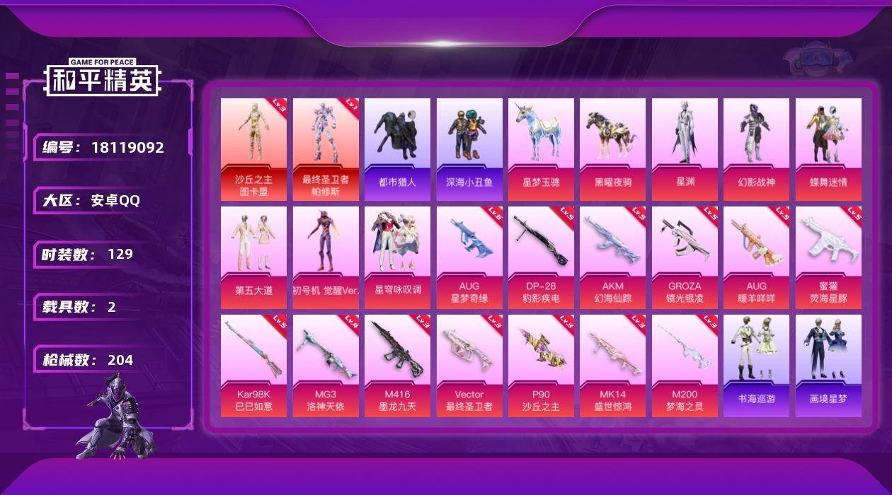 和平精英账号安卓QQ[18119092]安卓 手Q-2神装-7粉装-16特效枪-2载具-10粉色飞行器-69986热力值-9王牌印记-129套装-204枪皮
【红色神装等级】：最终圣卫者-帕修斯(一级)，沙丘之主-图卡盟
