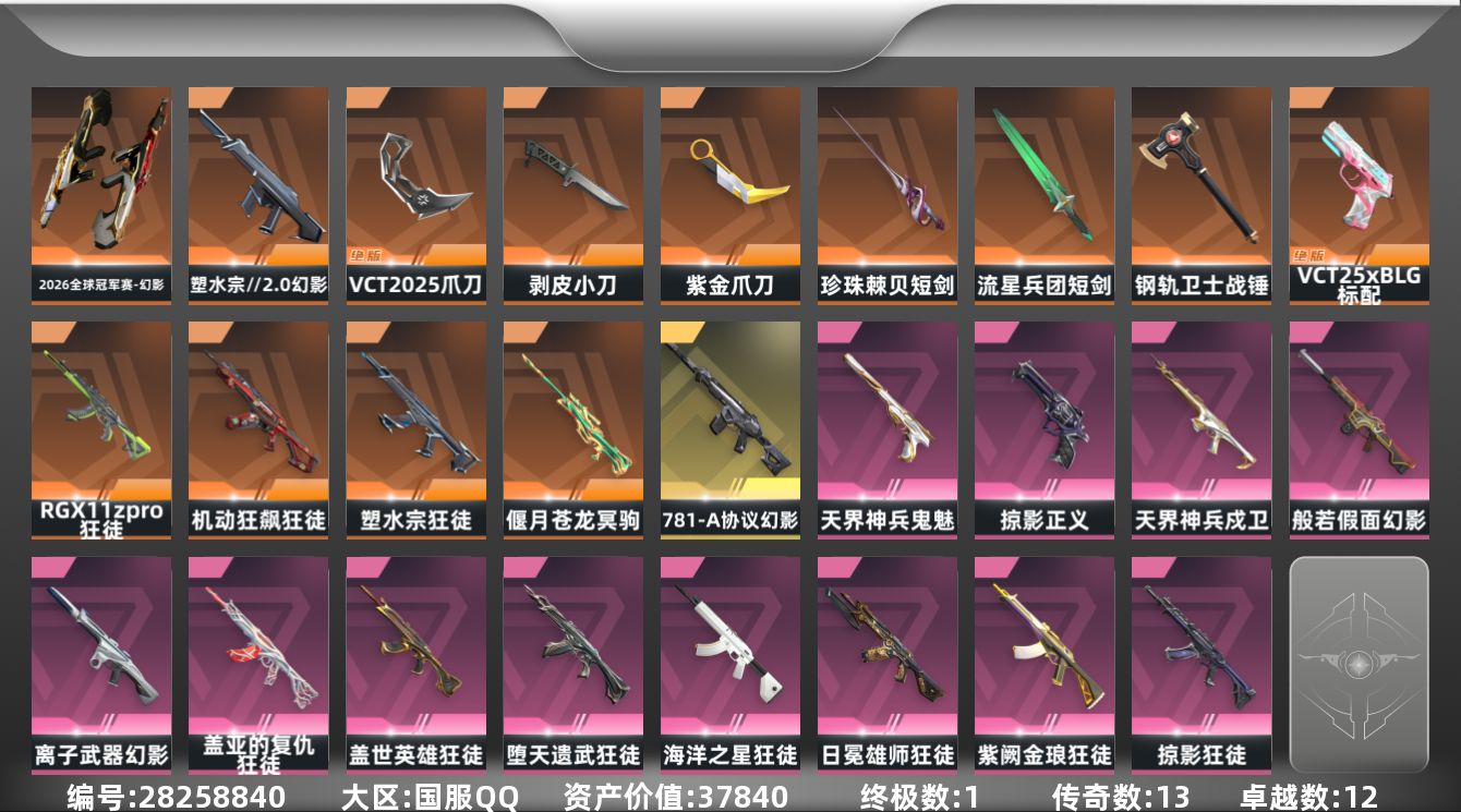 []13橙皮 1金皮 12紫皮 72皮肤 28英雄 141卡面 1290已用源晶 未定级段位 可二次 可修改实名 
【套装】VCT 2025赛季礼包,VCTCN2025套装
【近战武器皮肤】VCT 2025 爪刀,战锤-钢轨卫士,短剑-流星兵团,剥皮小刀-异形猎人,紫金爪刀-紫阙金琅