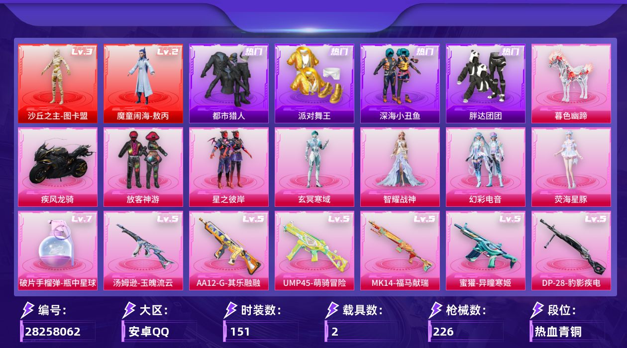 [28258062]安卓手Q-历史最高段位：绝世王牌19星-2神装-8粉装-14特效枪-2载具-18粉色飞行器-78191热力值-14王牌印记-151套装-226枪皮
【红色神装等级】：魔童闹海-敖丙(二级)，沙丘之主-图卡盟(三级)
【红色角色神装】：魔童闹海-敖丙，沙丘之主-图卡盟
【热门品类】：套装-浪漫天命，套装-都市猎人，套装-派对舞王，套装-深海小丑鱼，套装-胖达团团，套装-暗影哥特，角色-Mark.06
【粉色套装】：粉装-碎梦浮光，粉装-放客神游，粉装-星之彼岸，角色-玄冥寒域，角色-智耀战神，粉装-幻彩电音，角色-荧海星豚，人物-洛天依·龙灵
【粉色枪皮等级】：GROZA-精灵之光(三级)，蜜獾-异瞳寒姬(五级)，UMP45-萌骑冒险(五级)，Vector-流风之羽(五级)，汤姆逊-玉魄流云(五级)，AKS-74U-琉璃赤心(四级)，P90-魔童闹海 敖丙(三级)，Kar98K-巳巳如意(五级)，Kar98K-圣域龙灵(三级)，Mk14-福马献瑞(五级)，AA12-G-其乐融融(五级)，DP-28-豹影疾电(五级)，97MG-罗峰(二级)，破片手榴弹-瓶中星球(七级)
【粉色载具】：疾风龙骑，暮色幽蹄
【粉色枪皮】：GROZA-精灵之光，蜜獾-异瞳寒姬，UMP45-萌骑冒险，Vector-流风之羽，汤姆逊-玉魄流云，AKS-74U-琉璃赤心，P90-魔童闹海 敖丙，Kar98K-巳巳如意，Kar98K-圣域龙灵，Mk14-福马献瑞，AA12-G-其乐融融，DP-28-豹影疾电，97MG-罗峰，破片手榴弹-瓶中星球
【粉色飞行器】：香车宝马飞行器，炫彩糖果飞行器，碎梦浮光飞行器，星之彼岸飞行器，镜光幻境飞行翼，幻海精灵飞行器，曦光华影飞行器，万象金身飞行器，圣域金龙飞行器，雀灵庇佑飞行器，时光之吻飞行器，时光之誓飞行器，终晖之翼飞行器，灵猫魔法师飞行器，灵珠游龙飞行器，暮色之舞飞行器，踏卷乘风飞行器
【粉色降落伞】：碎梦浮光降落伞，星之彼岸降落伞，彩虹甜喵降落伞，沙丘之主降落伞，镜域双华降落伞，霓虹漫游降落伞，初号机 觉醒Ver.降落伞，金丰海韵降落伞，金蛇镇世降落伞，鬼刀降落伞，晶梦幻蝶降落伞，圣域龙灵降落伞，智耀战神降落伞，星穹咏叹调降落伞，冷漠罗丽降落伞，灵猫魔法师降落伞，无垠阁降落伞，喜羊羊与灰太狼降落伞，魔童闹海 敖丙降落伞，炫彩糖果降落伞
【稀有套装】：套