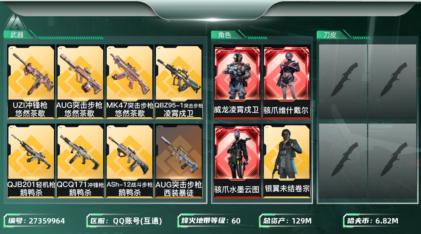 三角洲行动账号QQ[27359964]【终身售后 找回包赔】QQ包人脸，【烽火等级】：60，【总资产】：129M，【烽
