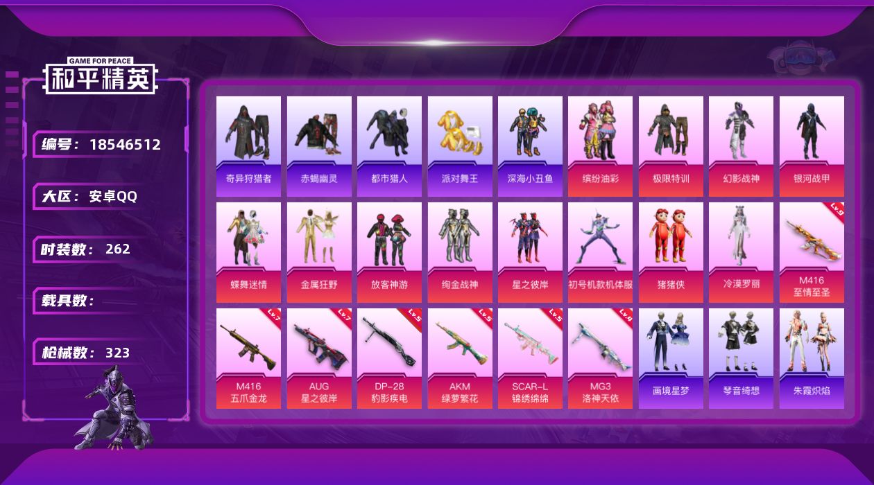 和平精英账号安卓QQ[18546512]超级无敌极品男神套加战神框   安卓 手Q-无敌战神框-13粉装-10特效枪-0载具-3粉色飞行器-104497热力值-21王牌印记-262套装-323枪皮【热门品类】：粉装-缤纷