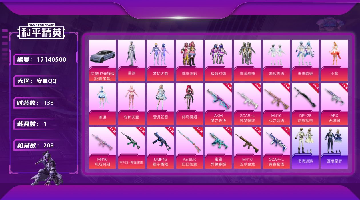 和平精英账号安卓QQ[17140500]安卓 手Q-12粉装-12特效枪-1载具-3粉色飞行器-69006热力值-10王牌印记-138套装-208枪皮
【热门品类】：粉装-梦幻火箭，粉装-缤纷油彩，套装-浪漫天命，套装-