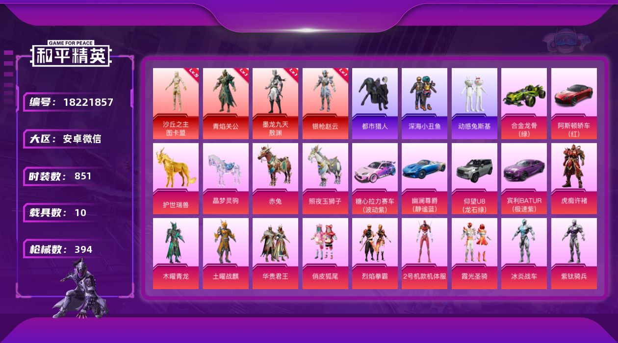 和平精英账号安卓微信4红装 17粉装 37特效枪 10载具 22印记 可二次 可修改实名 
【五级神装】五级沙丘之主-图