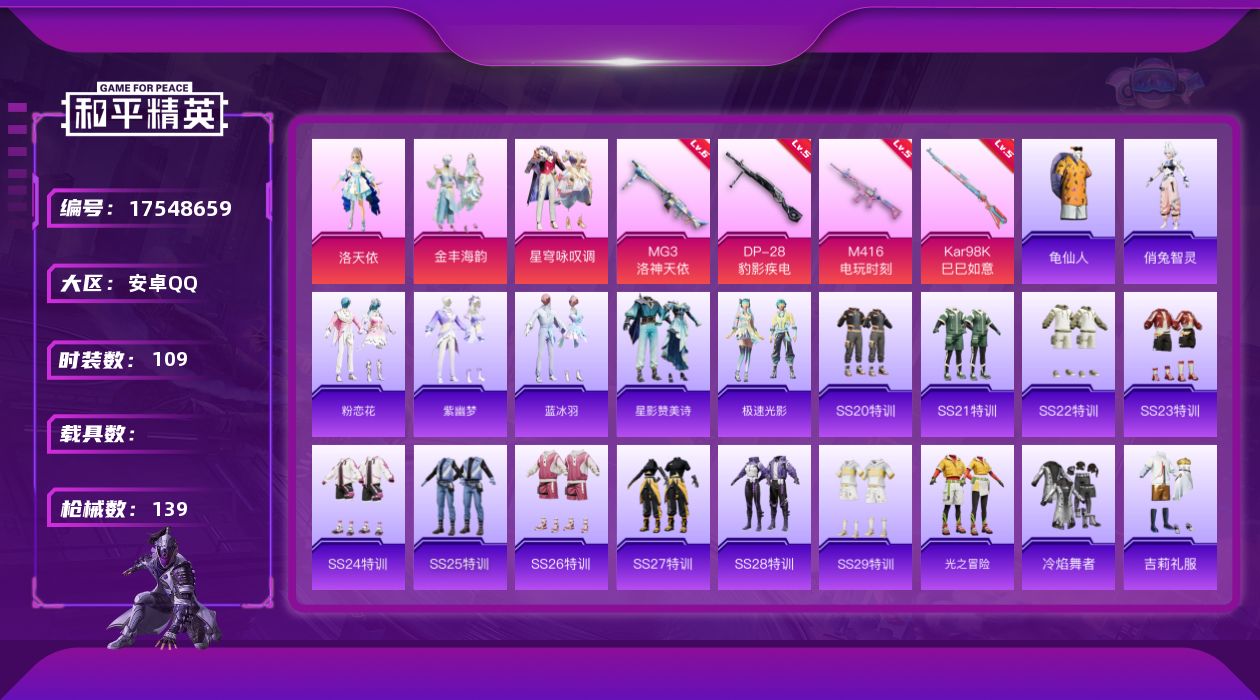 和平精英账号安卓QQ[17548659]安卓 手Q-3粉装-5特效枪-0载具-3粉色飞行器-43366热力值-13王牌印记-109套装-139枪皮
【热门品类】：套装-龟仙人
【粉色套装】：角色-洛天依，粉装-金丰海韵，