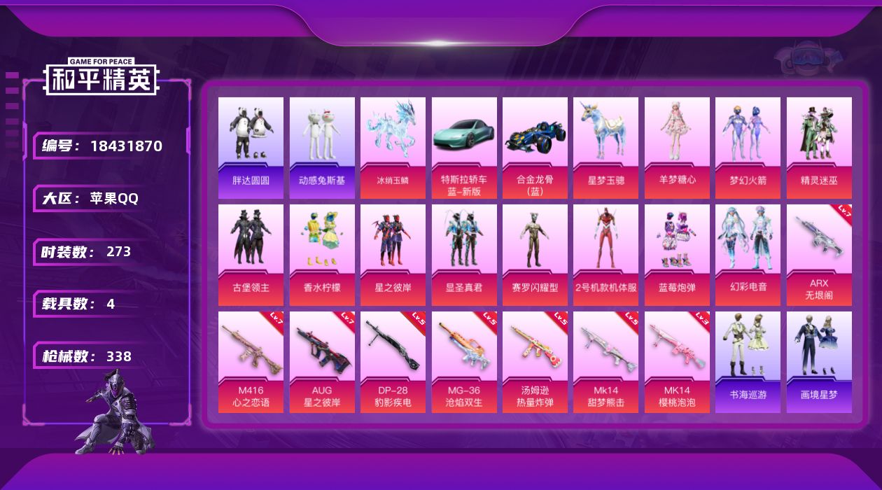 和平精英账号苹果QQ[18431870]【特价出售/店主推荐】苹果 手Q-11粉装-10特效枪-4载具-3粉色飞行器-117439热力值-22王牌印记-273套装-338枪皮
【热门品类】：粉装-梦幻火箭，套装-胖达圆圆