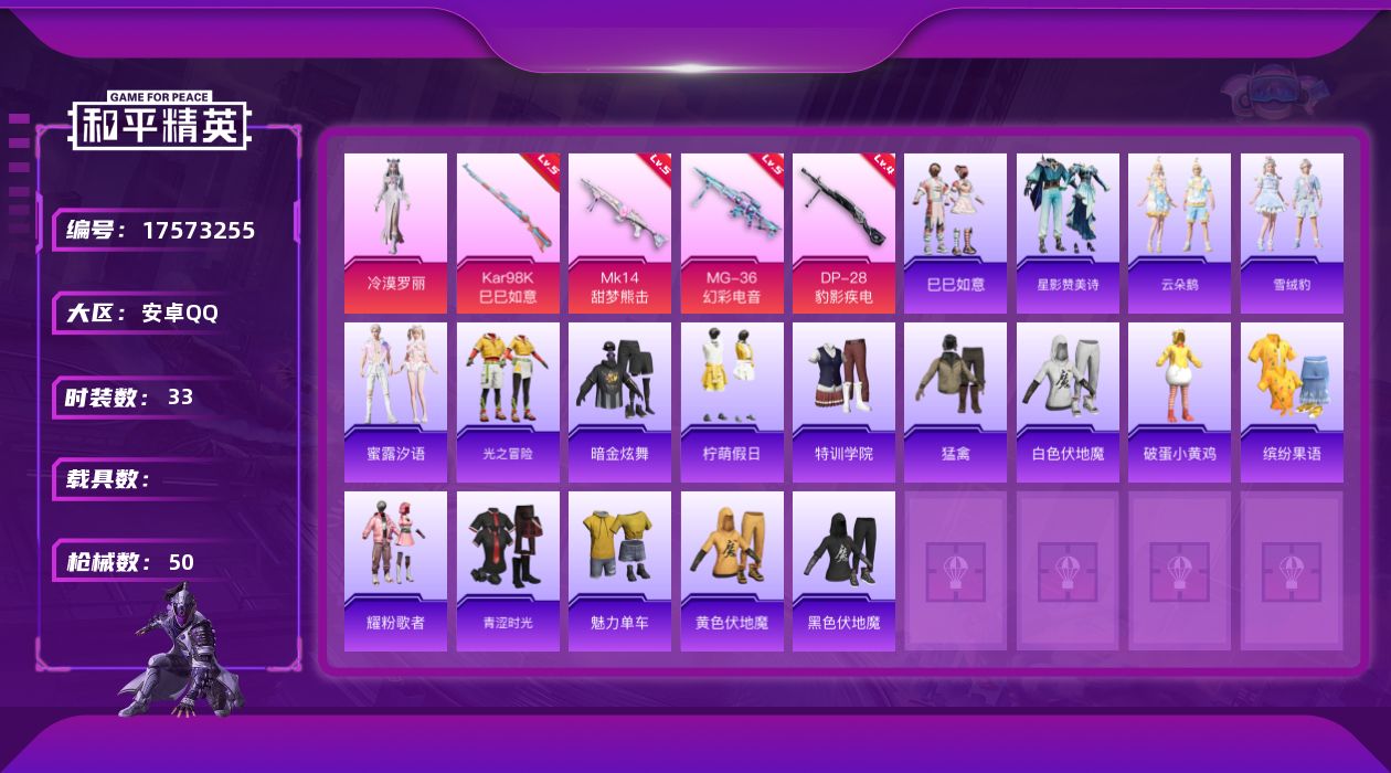 和平精英账号安卓QQ[17573255]安卓 手Q-1粉装-4特效枪-0载具-0粉色飞行器-13262热力值-2王牌印记-33套装-50枪皮
【粉色套装】：角色-冷漠罗丽
【粉色枪皮等级】：Kar98K-巳巳如意(五级)