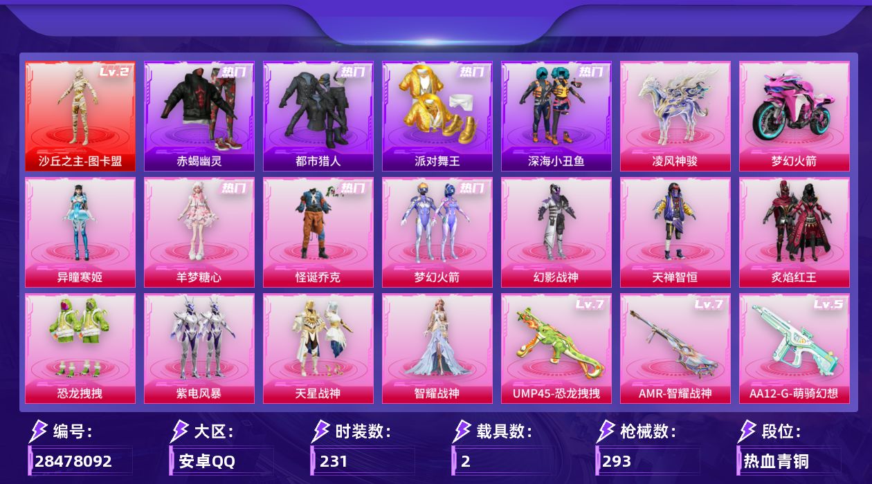 [28478092]安卓手Q-历史最高段位：传奇王牌20星-1神装-11粉装-9特效枪-2载具-8粉色飞行器-96252热力值-21王牌印记-231套装-293枪皮
【红色神装等级】：沙丘之主-图卡盟(二级)
【红色角色神装】：沙丘之主-图卡盟
【热门品类】：粉装-怪诞乔克，粉装-梦幻火箭，套装-浪漫天命，套装-赤蝎幽灵，套装-都市猎人，套装-派对舞王，套装-深海小丑鱼，套装-小丑鱼，套装-金羽特工，套装-忍者信条，套装-龟仙人，套装-暗影哥特
【粉色套装】：粉装-幻影战神，粉装-怪诞乔克，粉装-梦幻火箭，粉装-天禅智恒，粉装-炙焰红王，粉装-恐龙拽拽，粉装-紫电风暴，粉装-天星战神，角色-智耀战神，角色-羊梦糖心，角色-异瞳寒姬
【粉色枪皮等级】：UMP45-恐龙拽拽(七级)，Vector-流风之羽(一级)，AKS-74U-森灵之息(五级)，Kar98K-巳巳如意(五级)，Mk14-福马献瑞(五级)，AMR-智耀战神(七级)，M200-梦海之灵(三级)，AA12-G-萌骑幻想(五级)，DP-28-豹影疾电(五级)
【粉色载具】：双人摩托-梦幻火箭，凌风神骏
【粉色枪皮】：UMP45-恐龙拽拽，Vector-流风之羽，AKS-74U-森灵之息，Kar98K-巳巳如意，Mk14-福马献瑞，AMR-智耀战神，M200-梦海之灵，AA12-G-萌骑幻想，DP-28-豹影疾电
【粉色飞行器】：炫彩糖果飞行器，春暖花开飞行器，庄周梦蝶飞行器，繁龙极客飞行器，幻海精灵飞行器，飞天猪飞行器，暮色之舞飞行器，踏卷乘风飞行器
【粉色降落伞】：极限特训降落伞，幻影战神降落伞，未来战士降落伞，春暖花开降落伞，梦幻火箭降落伞，星之彼岸降落伞，蓝莓炮弹降落伞，庄周梦蝶降落伞，第五大道降落伞，圣堂之誓降落伞，沙丘之主降落伞，鬼刀降落伞，无垠阁降落伞，魔童闹海 哪吒降落伞，异瞳寒姬降落伞，极意拳锋降落伞，炫彩糖果降落伞，天马神君降落伞
【稀有套装】：套装-龟仙人，套装-雪国风尚，套装-炫彩糖果，角色-阿虎，套装-马上有钱，套装-迅捷龙虾，套装-恋语绒绒，套装-香桃花海，套装-燕燕于飞，套装-鱼渊荷华，角色-海琴烟，套装-朱霞炽焰，套装-凌霄紫焰，套装-擎苍青焰，玩偶服-懒羊羊，玩偶服-喜羊羊，角色-绯色魅影，角色-紫俏灵猫，套装-书海巡游，套装-画境星梦，套装-琴音绮想，套装-雨过天青，套装-红釉青花，角色-霜纹