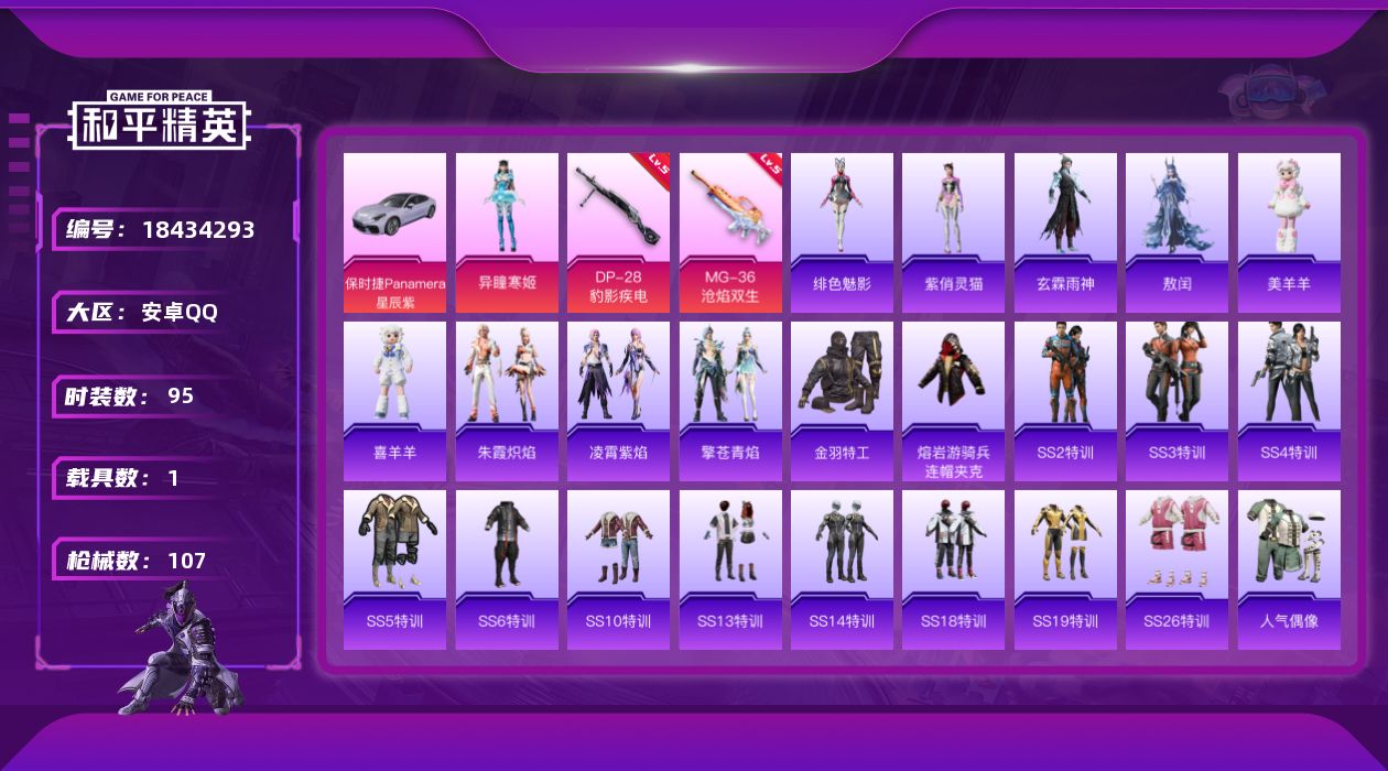 和平精英账号安卓QQ[18434293]安卓 手Q-1粉装-3特效枪-1载具-2粉色飞行器-31183热力值-5王牌印记-95套装-107枪皮
【热门品类】：套装-金羽特工，套装-SS1特训，熔岩游骑兵连帽夹克
【粉色套