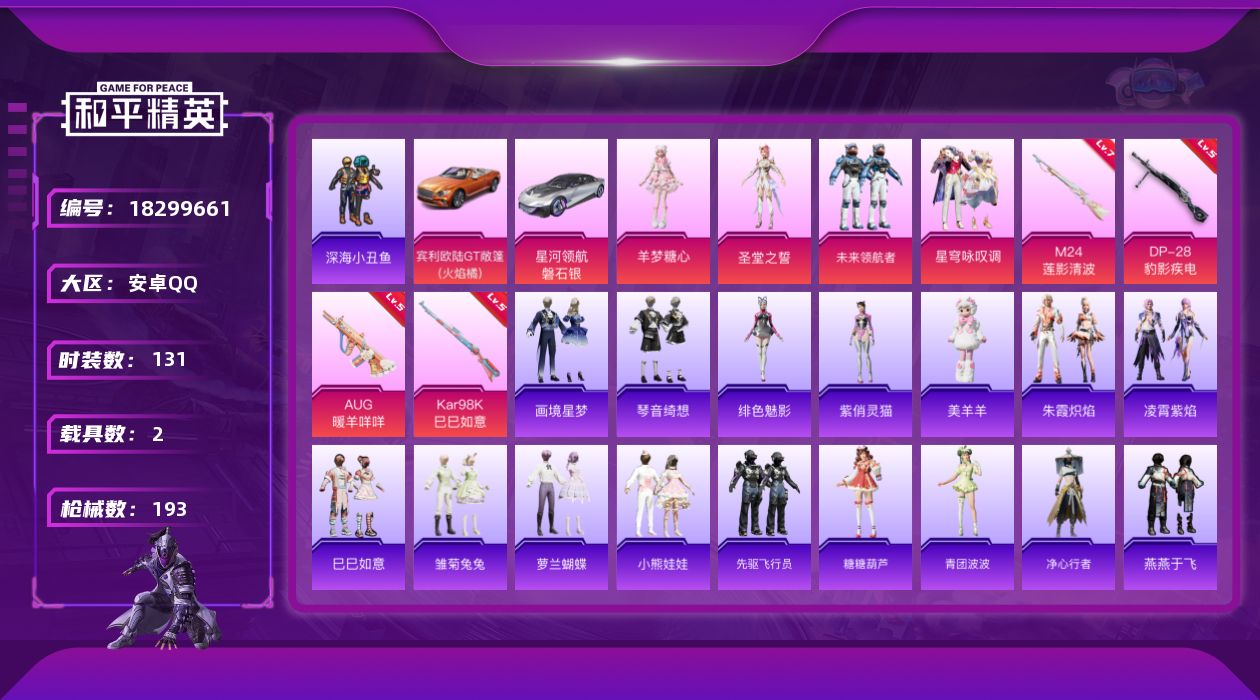 和平精英账号安卓QQ[18299661]安卓 手Q-6粉装-9特效枪-2载具-2粉色飞行器-59792热力值-9王牌印记-131套装-193枪皮
【热门品类】：套装-深海小丑鱼
【粉色套装】：角色-圣堂之誓，粉装-未来领