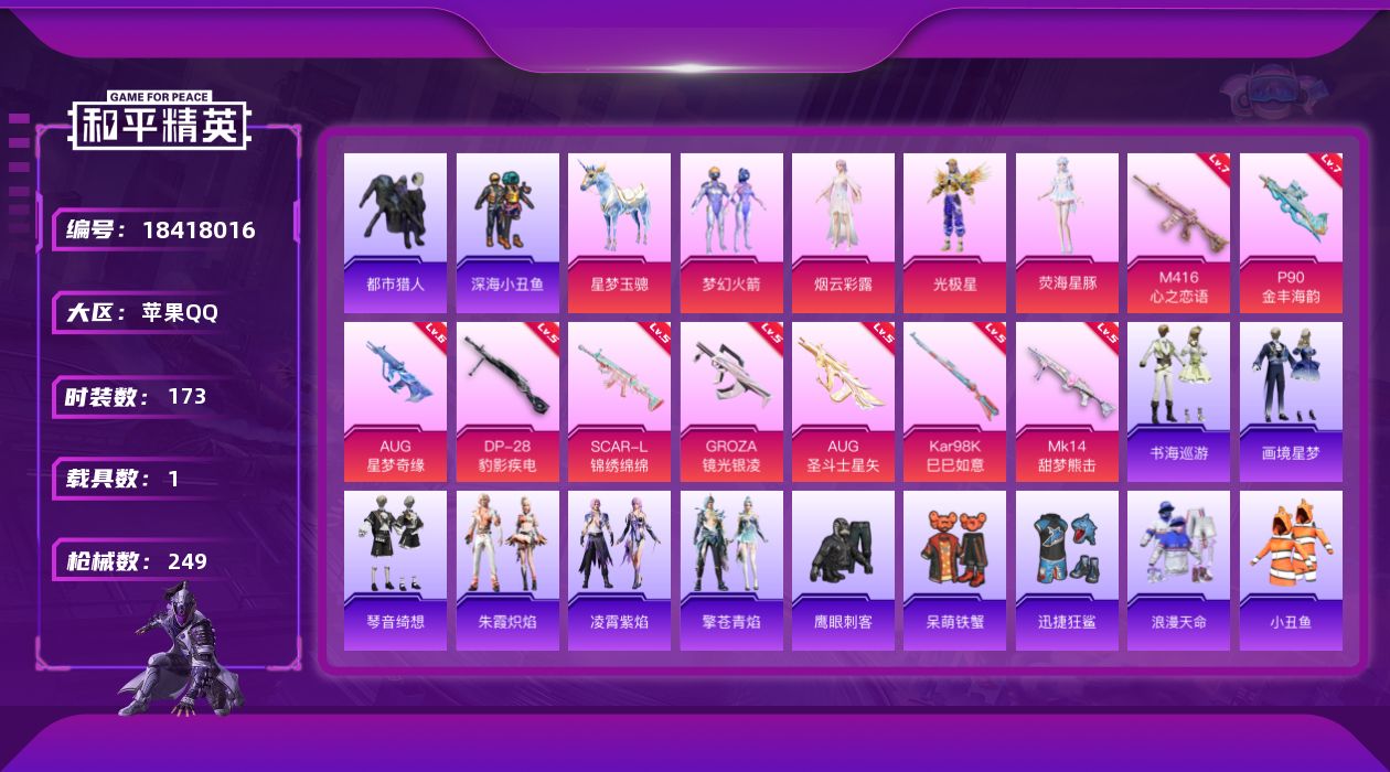 和平精英账号苹果QQ[18418016]AUG-星梦奇缘(六级)【特价出售/店主推荐】苹果 手Q-4粉装-12特效枪-1载具-3粉色飞行器-79465热力值-11王牌印记-173套装-249枪皮【热门品类】：粉装-梦幻火