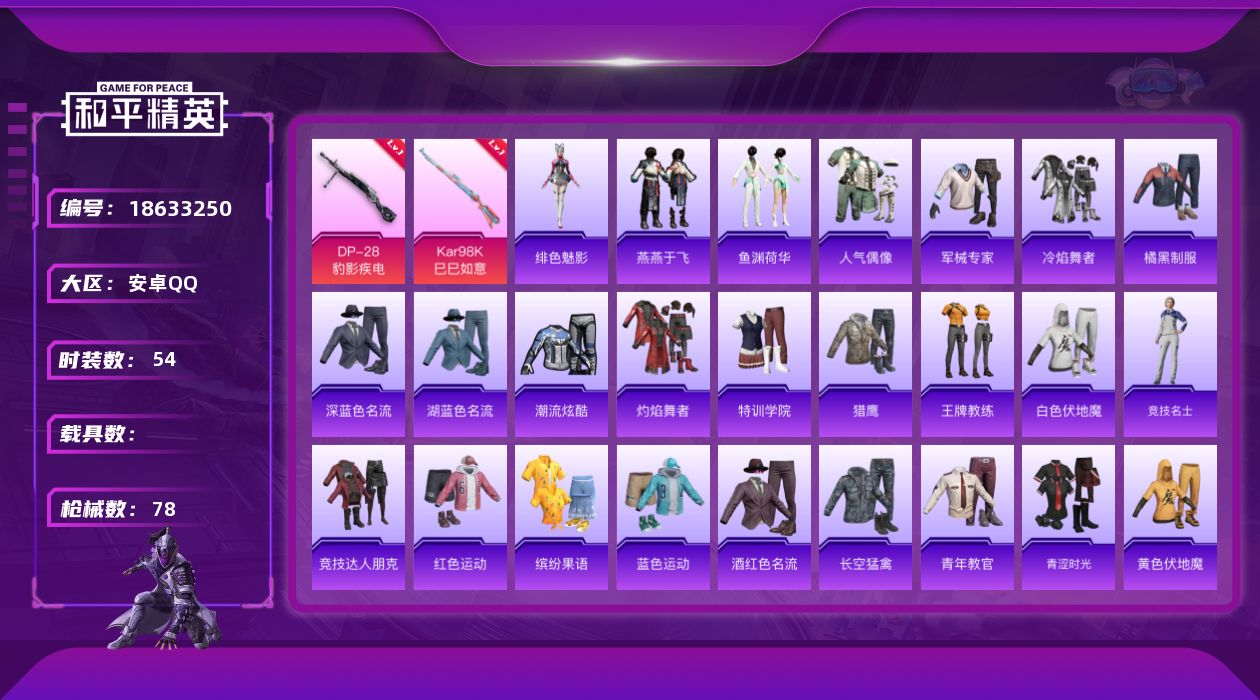 和平精英账号安卓QQ[18633250]安卓 手Q-0粉装-5特效枪-0载具-1粉色飞行器-18342热力值-6王牌印记-54套装-78枪皮
【粉色枪皮等级】：UMP45-萌骑冒险(三级)，AKS-74U-森灵之息(五级
