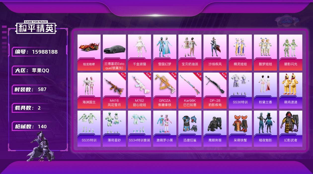 和平精英账号苹果QQ实名: 可修改 时装数: 587 载具数: 2 枪械数: 140 战备数: 101 热门装扮: 呆萌