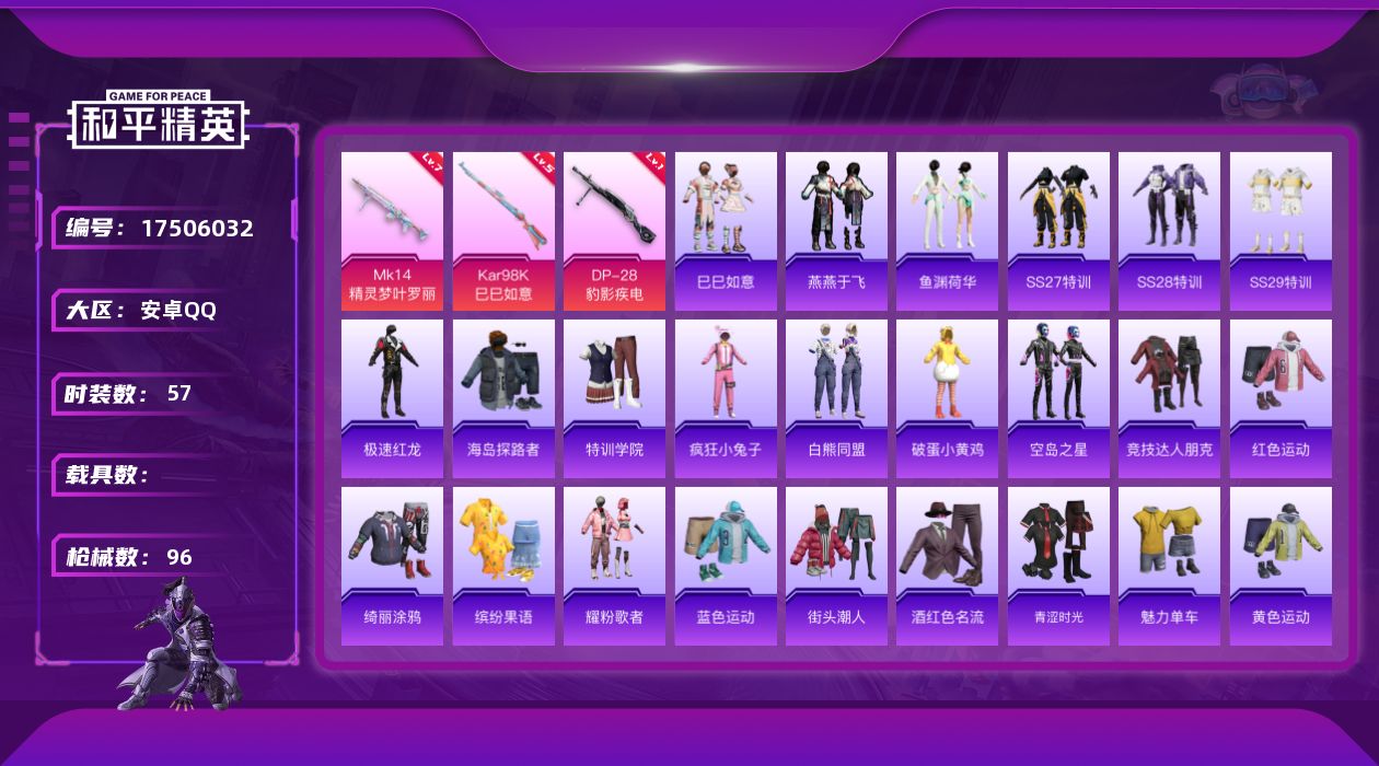 和平精英账号安卓QQ[17506032]地铁满天赋 安卓 手Q-0粉装-5特效枪-0载具-2粉色飞行器-25144热力值-2王牌印记-57套装-96枪皮【粉色枪皮等级】：UMP45-萌骑冒险(五级)，Kar98K-巳巳如