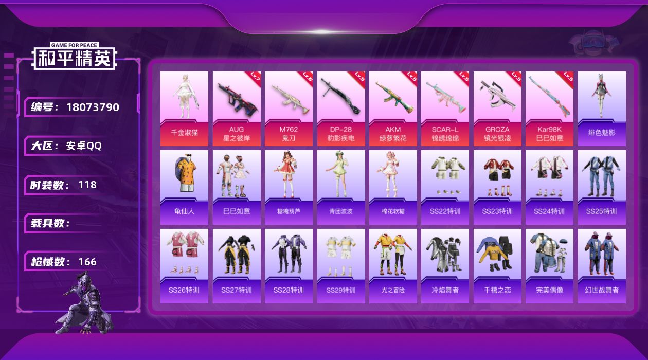 和平精英账号安卓QQ[18073790]【特价出售/店主推荐】安卓 手Q-1粉装-9特效枪-2粉色飞行器-47519热力值-14王牌印记-118套装-166枪皮
【热门品类】：套装-龟仙人
【粉色套装】：角色-千金淑猫
