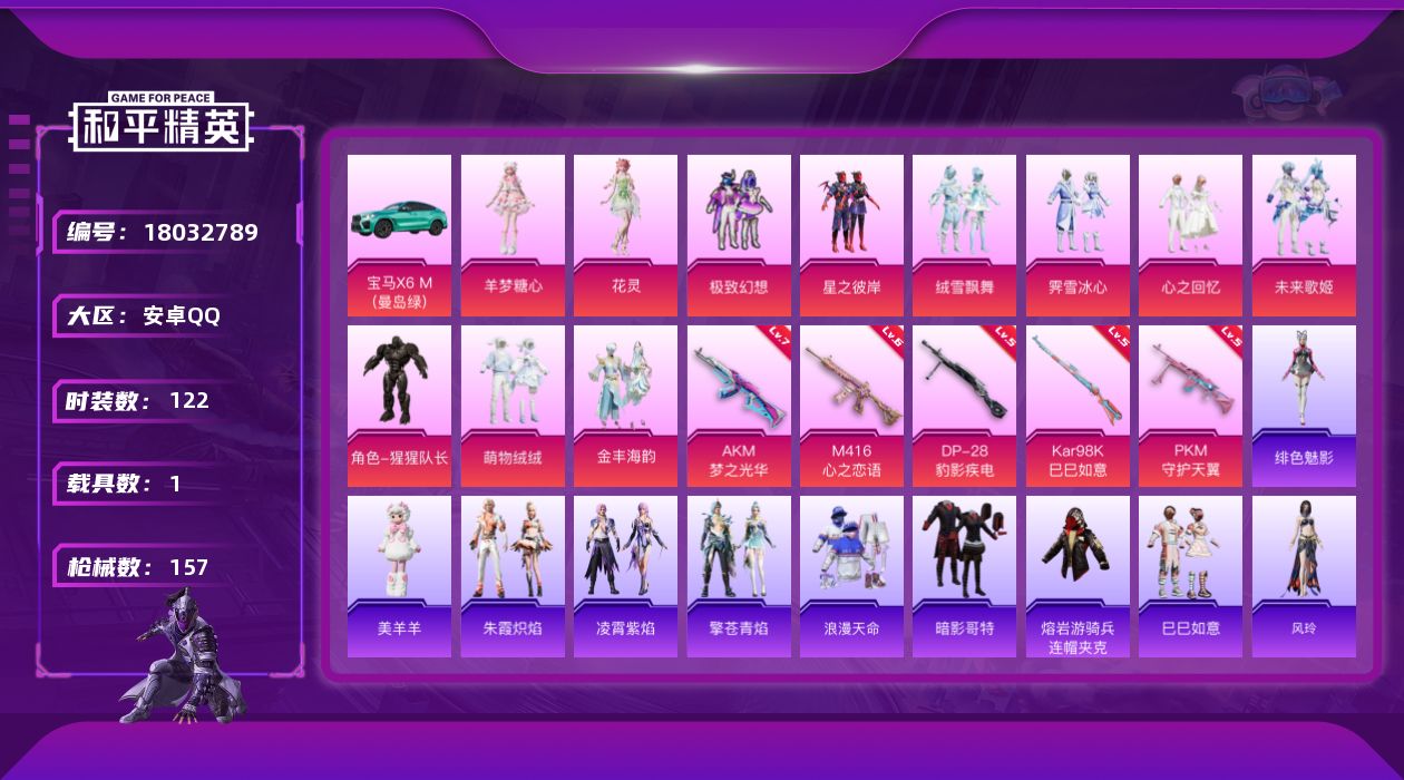 和平精英账号安卓QQ[18032789]DAS9860有二次 安卓Q-1稀有1载具11粉装5特效枪5热门122套装157枪皮 51613热力值 7印记 历史无敌战神  金丰海韵 花灵 猩猩队长 未来歌姬 羊梦糖心 萌物绒