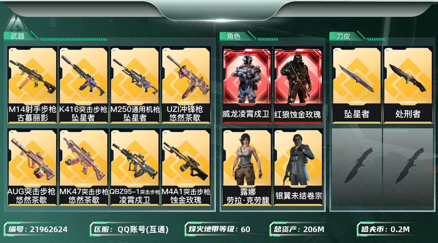 三角洲行动账号QQ【6495】206m总资产-201k哈夫币-60烽火等级-黑鹰-20战场等级-上等兵
【干员外观】：