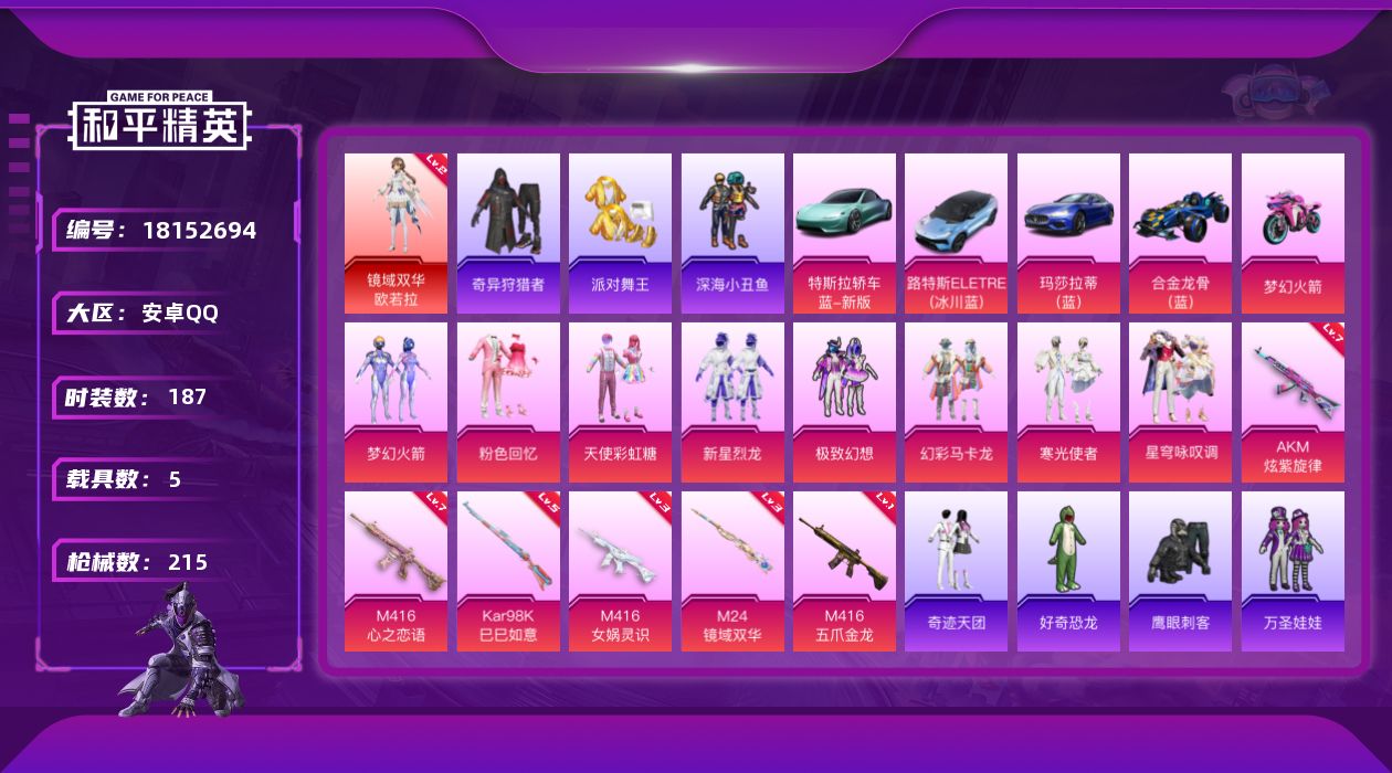 和平精英账号安卓QQ[18152694]可二次【特价出售/店主推荐】安卓 手Q-1神装-10粉装-6特效枪-5载具-6粉色飞行器-80700热力值-2王牌印记-187套装-215枪皮【红色神装等级】：镜域双华-欧若拉(二