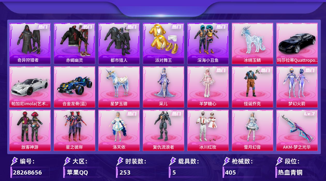 [28268656]苹果手Q-历史最高段位：绝世王牌19星-10粉装-19特效枪-5载具-7粉色飞行器-127241热力值-22王牌印记-253套装-405枪皮
【热门品类】：粉装-怪诞乔克，粉装-梦幻火箭，套装-浪漫天命，套装-赤蝎幽灵，套装-都市猎人，套装-派对舞王，套装-深海小丑鱼，套装-小丑鱼，套装-奇异狩猎者，角色-军刀雅典娜，套装-忍者信条，套装-龟仙人，套装-暗影哥特，角色-六号稻草人，套装-红熊茄茄
【粉色套装】：粉装-怪诞乔克，粉装-梦幻火箭，粉装-放客神游，粉装-星之彼岸，角色-洛天依，角色-复仇流浪者，粉装-冰川红玫，粉装-雪月幻音，角色-羊梦糖心，角色-采儿
【粉色枪皮等级】：AKM-梦之光华(七级)，SCAR-L-青春物语(七级)，SCAR-L-魔童闹海 哪吒(三级)，M416-暖熊萌萌(七级)，AUG-星之彼岸(五级)，AUG-星梦奇缘(三级)，AUG-暖羊咩咩(五级)，M762-青锋波束(五级)，ARX-无垠阁(五级)，UMP45-相思残雪(七级)，汤姆逊-玉魄流云(五级)，AKS-74U-森灵之息(五级)，Kar98K-巳巳如意(五级)，Mk14-甜梦熊击(五级)，Mk14-福马献瑞(五级)，MK20-H-海螺星光(六级)，AA12-G-萌骑幻想(四级)，DP-28-豹影疾电(五级)
【粉色载具】：玛莎拉蒂Quattroporte（夜幕蓝），帕加尼imola（艺术银），合金龙骨（蓝），星梦玉骢，冰绡玉鳞
【粉色枪皮】：AKM-梦之光华，SCAR-L-青春物语，SCAR-L-魔童闹海 哪吒，M416-暖熊萌萌，AUG-星之彼岸，AUG-星梦奇缘，AUG-暖羊咩咩，M762-青锋波束，ARX-无垠阁，UMP45-相思残雪，汤姆逊-玉魄流云，AKS-74U-森灵之息，Kar98K-巳巳如意，Mk14-甜梦熊击，Mk14-福马献瑞，MK20-H-海螺星光，AA12-G-萌骑幻想，DP-28-豹影疾电，破片手榴弹-粉粉猫爪
【粉色飞行器】：炫彩糖果飞行器，梦幻火箭飞行器，雀灵庇佑飞行器，宁雨蝶飞行器，飞天猪飞行器，灵珠游龙飞行器
【粉色降落伞】：灰烬之翎降落伞，幻影战神降落伞，甜心宝贝降落伞，星之彼岸降落伞，相思残雪降落伞，海渊国主降落伞，环太平洋降落伞，暖熊萌萌降落伞，彩虹甜喵降落伞，暗夜鎏金降落伞，星梦奇缘降落伞，金丰海韵降落伞，千金淑猫降落伞，戏水时光降落