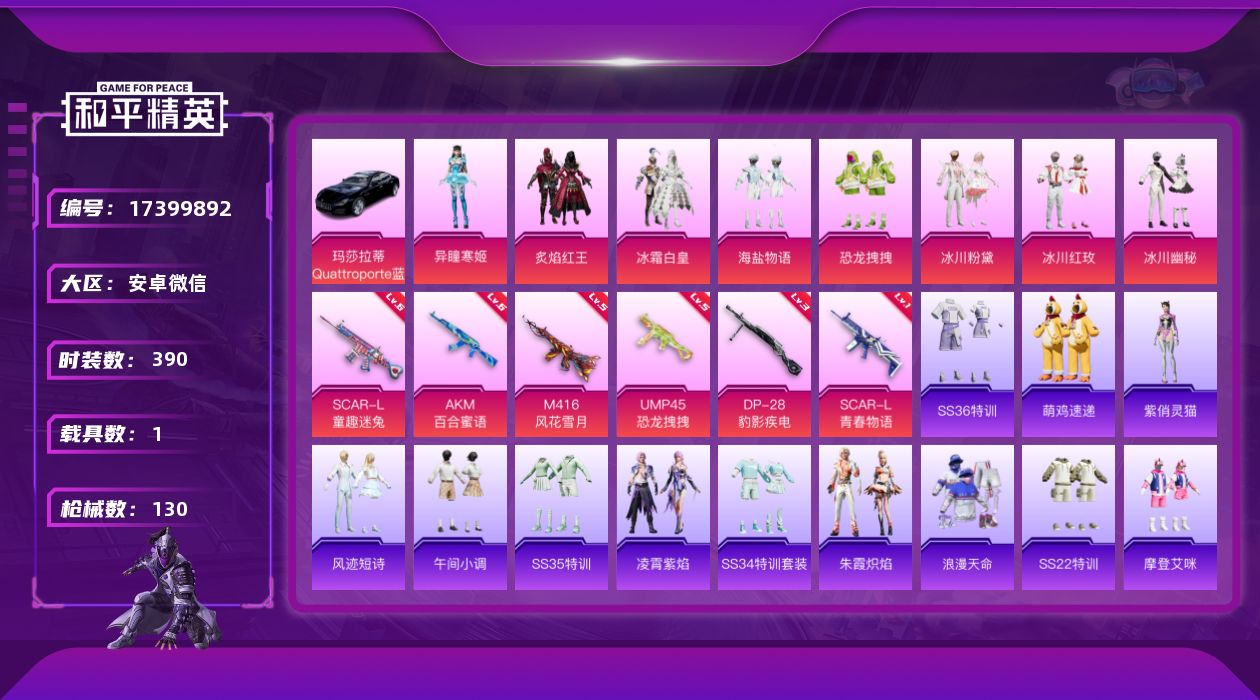 和平精英账号安卓微信[17399892]1载具-108套装-130枪皮-2稀有1载具8粉装7特效枪8热门108套装130