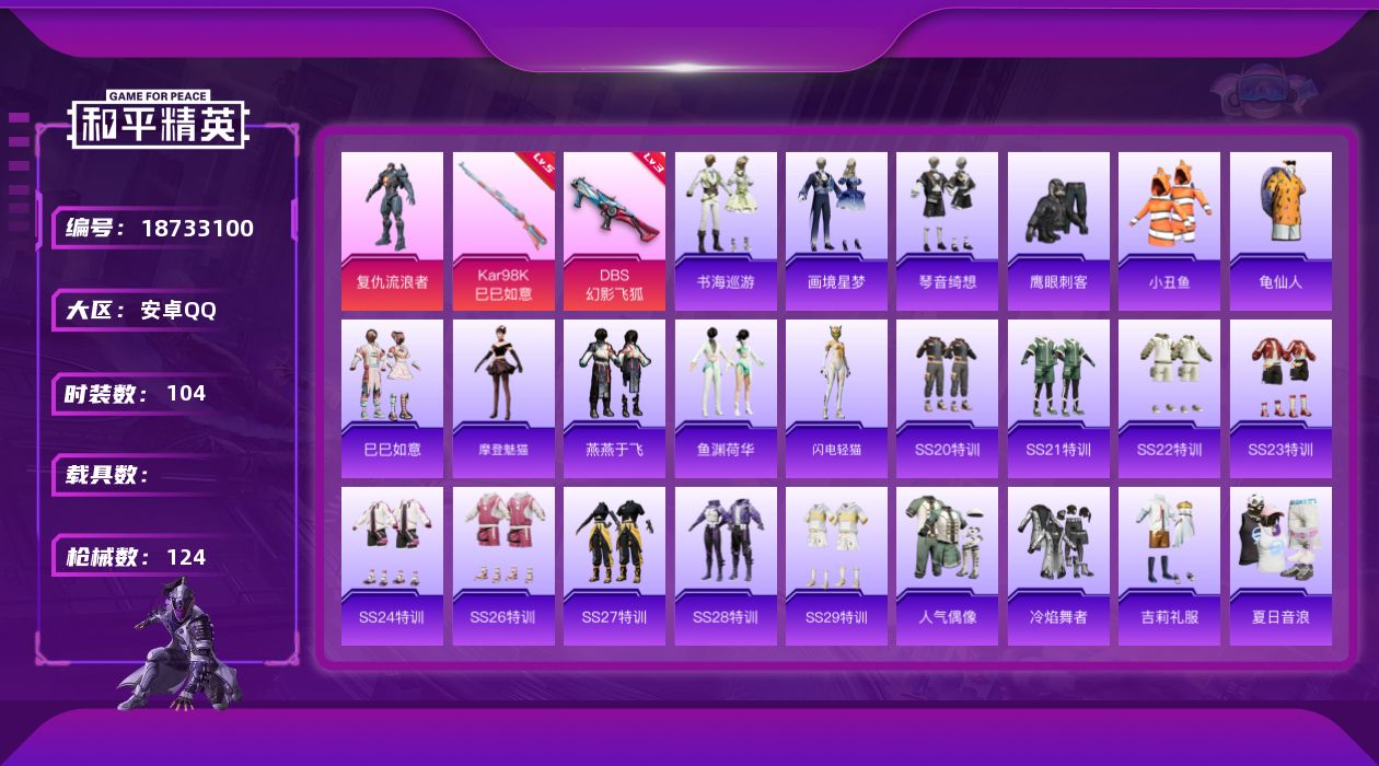 和平精英账号安卓QQ[18733100]安卓 手Q-1粉装-5特效枪-0载具-0粉色飞行器-34974热力值-1王牌印记-104套装-124枪皮
【热门品类】：套装-小丑鱼，套装-龟仙人
【粉色套装】：角色-复仇流浪者
