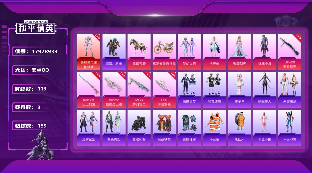 和平精英账号安卓QQ[17978933]安卓 手Q-1神装-4粉装-7特效枪-3载具-6粉色飞行器-51306热力值-12王牌印记-113套装-159枪皮
【红色神装等级】：最终圣卫者-帕修斯(三级)
【红色角色神装】：