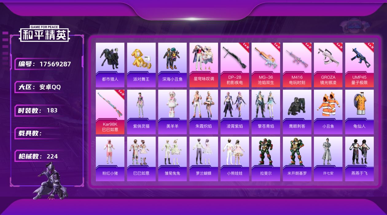 和平精英账号安卓QQ[17569287]安卓 手Q-1粉装-10特效枪-0载具-1粉色飞行器-63391热力值-14王牌印记-183套装-224枪皮
【热门品类】：套装-都市猎人，套装-派对舞王，套装-深海小丑鱼，套装-