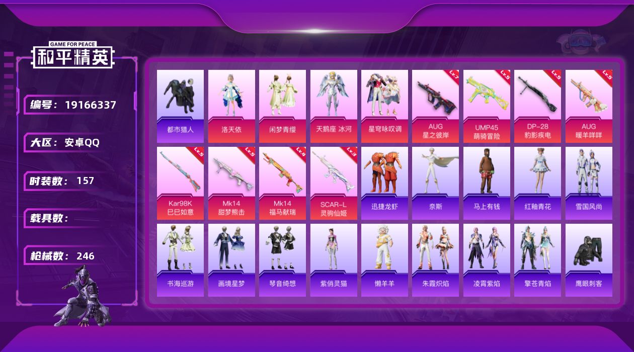 和平精英账号安卓QQ[19166337]安卓 手Q-4粉装-8特效枪-0载具-4粉色飞行器-66663热力值-14王牌印记-157套装-246枪皮
【热门品类】：套装-都市猎人，套装-小丑鱼，套装-龟仙人，角色-Mark