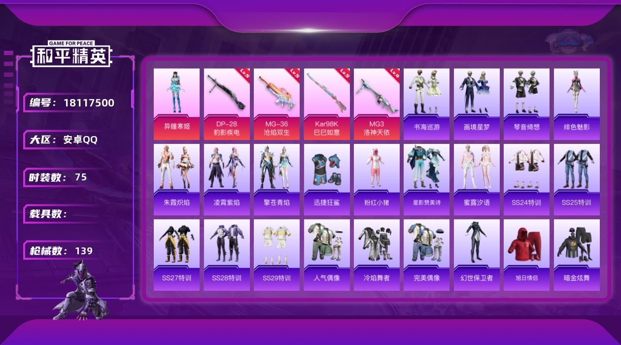 和平精英账号安卓QQ[18117500]【特价出售/店主推荐】安卓 手Q-1粉装-8特效枪-2粉色飞行器-34267热力值-1王牌印记-75套装-139枪皮【热门品类】：套装-粉红小猪【粉色套装】：角色-异瞳寒姬【粉色枪