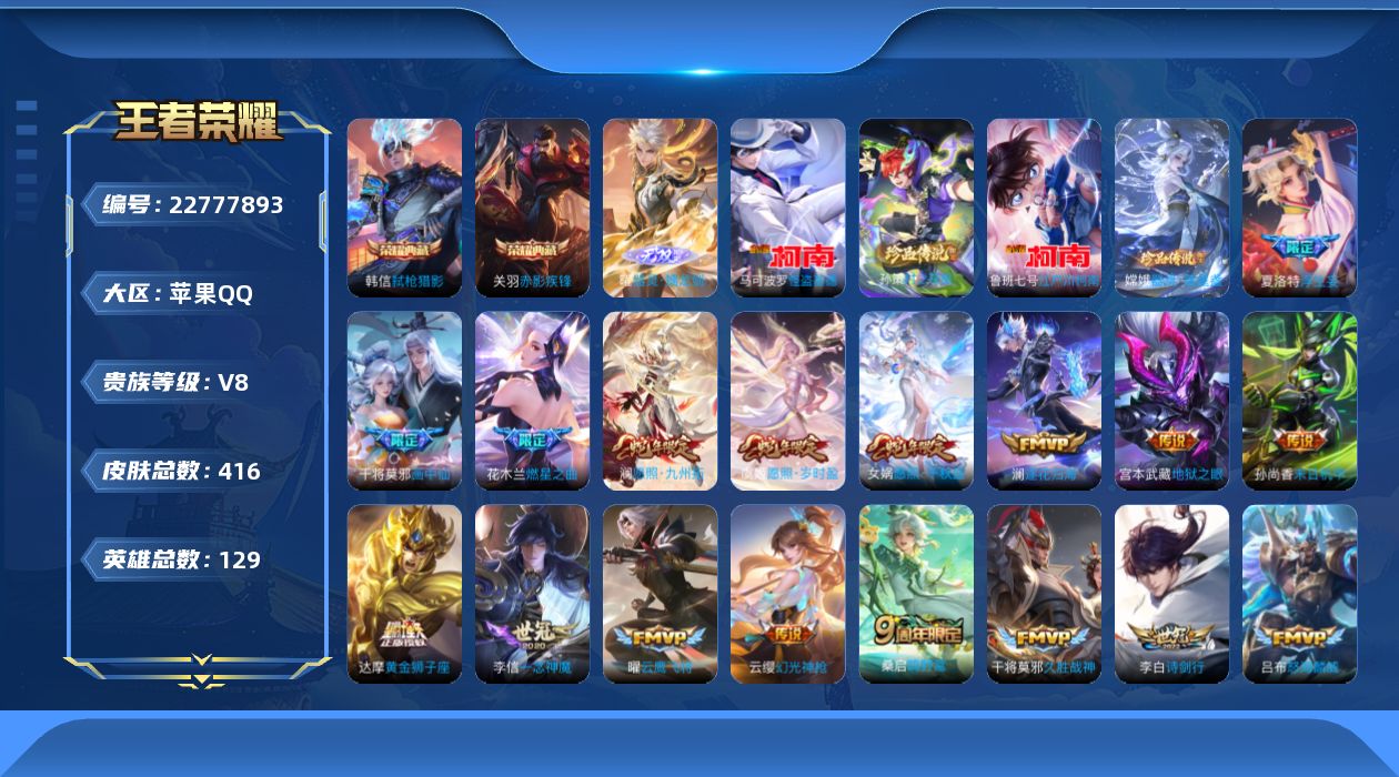 王者荣耀账号苹果QQ贵族8 荣耀典藏2 无双1 珍品传说4 传说皮肤22 史诗皮肤119 皮肤数量416 皮肤价值:316284 英雄129 至尊星耀II 总场次14284