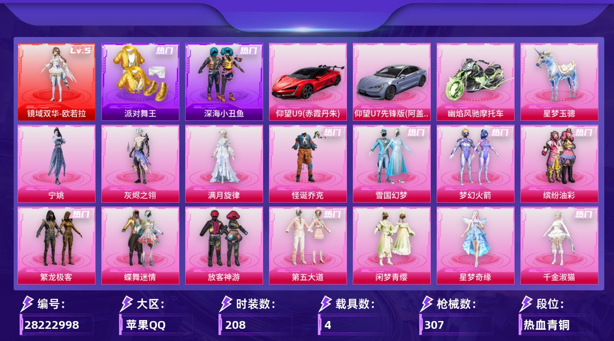 [28222998]苹果手Q-历史最高段位：无敌战神-1神装-16粉装-26特效枪-4载具-12粉色飞行器-111162热力值-18王牌印记-208套装-307枪皮
【红色神装等级】：镜域双华-欧若拉(五级)
【红色角色神装】：镜域双华-欧若拉
【热门品类】：粉装-怪诞乔克，粉装-雪国幻梦，粉装-梦幻火箭，粉装-缤纷油彩，粉装-繁龙极客，套装-浪漫天命，套装-派对舞王，套装-深海小丑鱼，套装-龟仙人，套装-暗影哥特，套装-红熊茄茄
【粉色套装】：角色-满月旋律，角色-灰烬之翎，粉装-怪诞乔克，粉装-雪国幻梦，粉装-蝶舞迷情，粉装-梦幻火箭，粉装-缤纷油彩，粉装-放客神游，粉装-第五大道，粉装-闲梦青缨，粉装-繁龙极客，角色-星梦奇缘，角色-千金淑猫，角色-樱桃泡泡，角色-冷漠罗丽，角色-宁姚
【粉色枪皮等级】：AKM-梦之光华(四级)，AKM-幽焰骑士(三级)，AKM-暮色玫影(三级)，AKM-满月旋律(一级)，SCAR-L-锦绣绵绵(五级)，SCAR-L-云端童话(五级)，M416-心之恋语(五级)，M416-电玩时刻(五级)，GROZA-镜光银凌(五级)，AUG-星梦奇缘(三级)，AUG-暖羊咩咩(五级)，UMP45-量子极限(五级)，Vector-流风之羽(四级)，汤姆逊-玉魄流云(五级)，AKS-74U-信仰神谕(六级)，P90-沙丘之主(三级)，Kar98K-巳巳如意(四级)，M24-镜域双华(三级)，Mk14-盛世惊鸿(三级)，Mk14-福马献瑞(二级)，AMR-智耀战神(五级)，AA12-G-其乐融融(五级)，DP-28-千金淑猫(四级)，DP-28-豹影疾电(五级)，MG-36-沧焰双生(五级)，烟雾弹-丁香清露(五级)
【粉色载具】：仰望U9（赤霞丹朱），仰望U7（阿盖尔紫），幽焰风驰摩托车，星梦玉骢
【粉色枪皮】：AKM-梦之光华，AKM-幽焰骑士，AKM-暮色玫影，AKM-满月旋律，SCAR-L-锦绣绵绵，SCAR-L-云端童话，M416-心之恋语，M416-电玩时刻，GROZA-镜光银凌，AUG-星梦奇缘，AUG-暖羊咩咩，UMP45-量子极限，Vector-流风之羽，汤姆逊-玉魄流云，AKS-74U-信仰神谕，P90-沙丘之主，Kar98K-巳巳如意，M24-镜域双华，Mk14-盛世惊鸿，Mk14-福马献瑞，AMR-智耀战神，AA12-G-其乐融融，DP-2