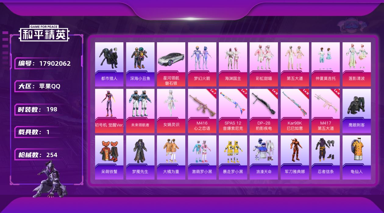 和平精英账号苹果QQ[17902062]【特价出售/店主推荐】苹果 手Q-9粉装-6特效枪-1载具-10粉色飞行器-83282热力值-21王牌印记-198套装-254枪皮
【热门品类】：粉装-梦幻火箭，套装-浪漫天命，套