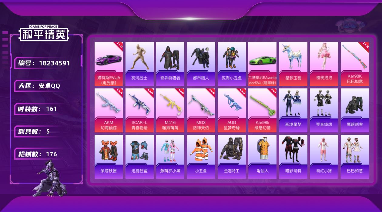 和平精英账号安卓QQ[18234591]实名: 不可修改 时装数: 161 载具数: 5 枪械数: 176 战备数: 129 热门装扮: 奇异狩猎者,呆萌铁蟹,深海小丑鱼,迅捷狂鲨,鹰眼刺客,都市猎人,冥河战士,激萌罗小