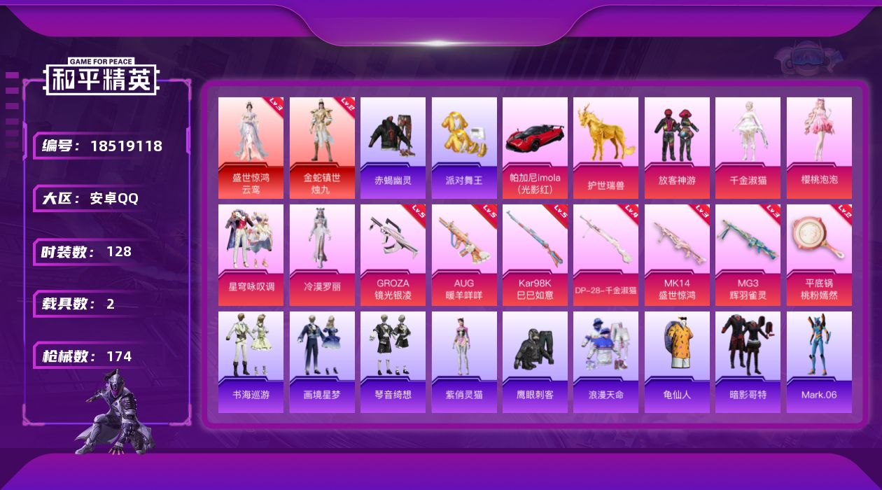 和平精英账号安卓QQ[18519118]无敌战神框/小素材安卓 手Q-2神装-5粉装-9特效枪-2载具-9粉色飞行器-61474热力值-9王牌印记-128套装-174枪皮【红色神装等级】：金蛇镇世-烛九(二级)，盛世惊鸿