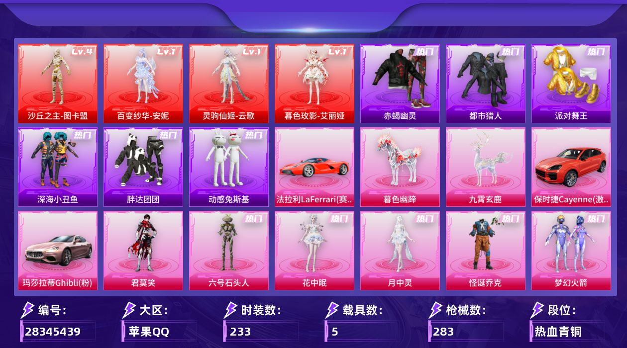 [28345439]苹果手Q-4神装-21粉装-17特效枪-5载具-10粉色飞行器-113223热力值-18王牌印记-233套装-283枪皮
【红色神装等级】：百变纱华-安妮(一级)，灵驹仙姬-云歌(一级)，暮色玫影-艾丽娅(一级)，沙丘之主-图卡盟(四级)
【红色角色神装】：百变纱华-安妮，灵驹仙姬-云歌，暮色玫影-艾丽娅，沙丘之主-图卡盟
【热门品类】：粉装-怪诞乔克，粉装-梦幻火箭，套装-浪漫天命，套装-赤蝎幽灵，套装-都市猎人，套装-派对舞王，套装-深海小丑鱼，套装-小丑鱼，套装-胖达团团，套装-动感兔斯基人偶服，套装-龟仙人，套装-暗影哥特，套装-红红火火，套装-软软马卡龙
【粉色套装】：粉装-幻影战神，粉装-怪诞乔克，粉装-甜心巧克力，粉装-宝贝奶油派，粉装-天使彩虹糖，粉装-梦幻火箭，粉装-放客神游，粉装-花间之火，粉装-冰霜白皇，粉装-星之彼岸，角色-洛天依，粉装-冰川幽秘，粉装-暗夜鎏金，粉装-第五大道，角色-圣堂之誓，角色-小蓝，角色-千金淑猫，角色-花中眠，角色-月中灵，角色-六号石头人，角色-君莫笑
【粉色枪皮等级】：AKM-绿萝繁花(五级)，AKM-暮色玫影(二级)，SCAR-L-灵驹仙姬(三级)，M416-心之恋语(七级)，M416-电玩时刻(五级)，AUG-暖羊咩咩(五级)，ACE32-萌骑漫游(一级)，ACE32-百变纱华(一级)，AKS-74U-森灵之息(五级)，Kar98K-巳巳如意(五级)，SKS-诡面斩(五级)，Mk14-福马献瑞(五级)，AA12-G-其乐融融(五级)，DP-28-豹影疾电(五级)，燃烧瓶-薄荷可可(七级)
【粉色载具】：法拉利LaFerrari（赛车红），玛莎拉蒂Ghibli（粉），保时捷Cayenne（激情红），僚机-萌兔起飞，暮色幽蹄，九霄玄鹿
【粉色枪皮】：AKM-绿萝繁花，AKM-暮色玫影，SCAR-L-灵驹仙姬，M416-心之恋语，M416-电玩时刻，AUG-暖羊咩咩，ACE32-萌骑漫游，ACE32-百变纱华，AKS-74U-森灵之息，Kar98K-巳巳如意，SKS-诡面斩，Mk14-福马献瑞，AA12-G-其乐融融，DP-28-豹影疾电，烟雾弹-猫咪绅士，燃烧瓶-薄荷可可，破片手榴弹-粉粉猫爪
【粉色飞行器】：香车宝马飞行器，超新星飞行器，星空武士飞行器，圣域金龙飞行器，暮色之舞飞行器，云梦轻舟飞行器，六号石头