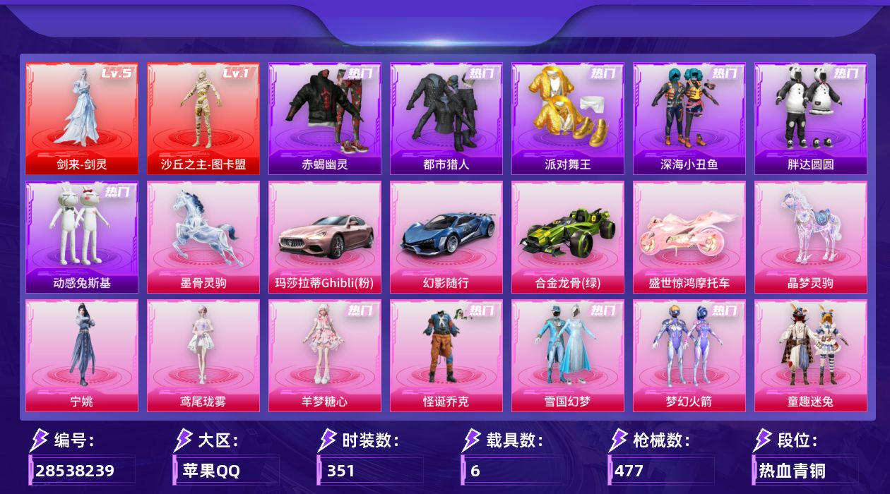 [28538239]苹果手Q历史最高段位传奇王牌18星2神装31粉装19特效枪6载具13粉色飞行器179485热力值23王牌印记351套装477枪皮
【红色神装等级】剑来剑灵(五级)沙丘之主图卡盟(一级)
【红色角色神装】剑来剑灵沙丘之主图卡盟
【热门品类】粉装怪诞乔克粉装雪国幻梦粉装梦幻火箭粉装童趣迷兔粉装2号机款机体服粉装缤纷油彩套装浪漫天命套装赤蝎幽灵套装都市猎人套装派对舞王套装深海小丑鱼套装小丑鱼角色军刀雅典娜套装胖达圆圆套装忍者信条套装动感兔斯基人偶服旭日初心兜帽大衣套装龟仙人套装暗影哥特套装浪漫波比套装软软马卡龙角色Mark.06套装红熊茄茄
【粉色套装】粉装极限特训粉装怪诞乔克粉装深渊皇后粉装甜心巧克力粉装宝贝奶油派粉装天使彩虹糖粉装水曜玄武粉装雪国幻梦粉装蝶舞迷情粉装梦幻火箭粉装天启纪元粉装缤纷油彩粉装放客神游粉装童趣迷兔粉装炙焰红王粉装香水柠檬粉装馨动时刻粉装烈焰拳霸角色2号机款机体服粉装甜梦小狐角色复仇流浪者粉装傲雪凌霜粉装冰川幽秘粉装冰川红玫粉装第五大道粉装金丰海韵粉装幻影飞狐角色荧海星豚角色羊梦糖心角色鸢尾珑雾角色宁姚
【粉色枪皮等级】AKM炫紫旋律(七级)SCARL机甲封神(六级)SCARL魔童闹海 哪吒(三级)M416五爪金龙(四级)M416心之恋语(七级)M416墨龙九天(三级)AUG星之彼岸(五级)Vector环太平洋(四级)汤姆逊玉魄流云(五级)P90沙丘之主(三级)Kar98K巳巳如意(五级)M24镜域双华(三级)Mk14福马献瑞(五级)M417第五大道(五级)AA12G萌骑幻想(五级)AA12G其乐融融(一级)DP28豹影疾电(五级)MG36沧焰双生(五级)平底锅喜羊羊与灰太狼(四级)
【粉色载具】玛莎拉蒂Ghibli粉幻影随行合金龙骨绿盛世惊鸿摩托车晶梦灵驹墨骨灵驹
【粉色枪皮】AKM炫紫旋律SCARL机甲封神SCARL魔童闹海 哪吒M416五爪金龙M416心之恋语M416墨龙九天AUG星之彼岸Vector环太平洋汤姆逊玉魄流云P90沙丘之主Kar98K巳巳如意M24镜域双华Mk14福马献瑞M417第五大道AA12G萌骑幻想AA12G其乐融融DP28豹影疾电MG36沧焰双生平底锅喜羊羊与灰太狼
【粉色飞行器】炫彩糖果飞行器梦幻火箭飞行器星之彼岸飞行器齐天大圣飞行器萌物绒绒飞行器镜光幻境飞行翼沙丘之主天马镜域双华灵镜之阶龙翔九天飞行器惊雷剑影飞行