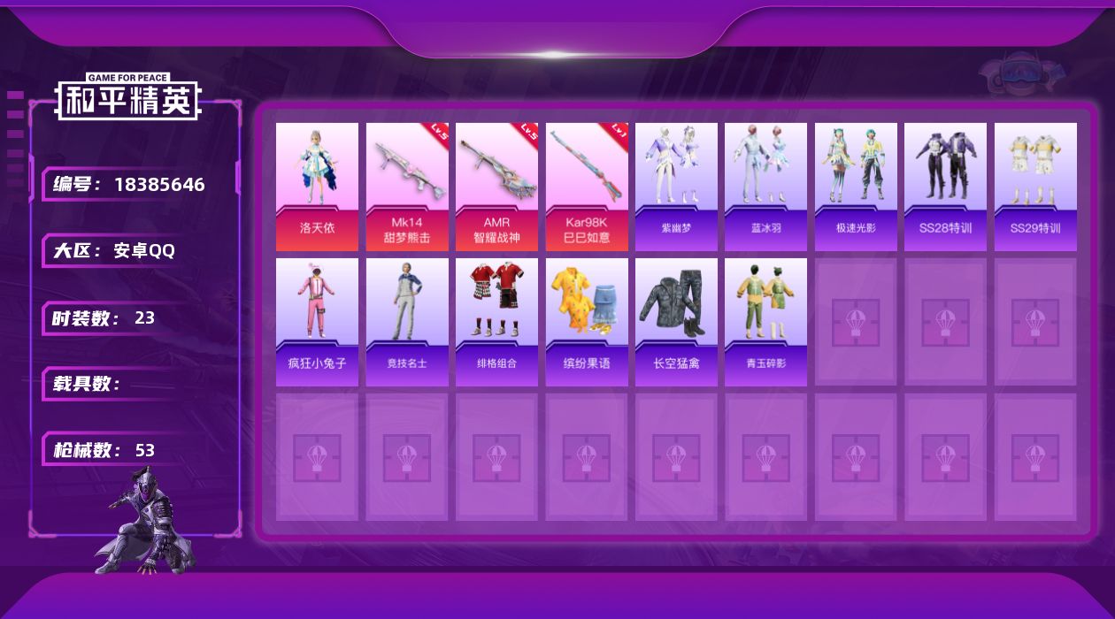 和平精英账号安卓QQ[18385646]可二次【特价出售/店主推荐】安卓 手Q-1粉装-4特效枪-12266热力值-1王牌印记-23套装-53枪皮【粉色套装】：角色-洛天依【粉色枪皮等级】：ACE32-萌骑漫游(四级)，