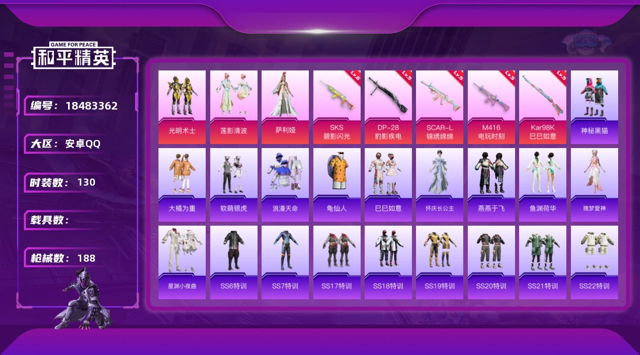 和平精英账号安卓QQ[18483362]可二次【特价出售/店主推荐】安卓 手Q-3粉装-5特效枪-1粉色飞行器-57247热力值-7王牌印记-130套装-188枪皮【热门品类】：套装-浪漫天命，套装-龟仙人【粉色套装】：