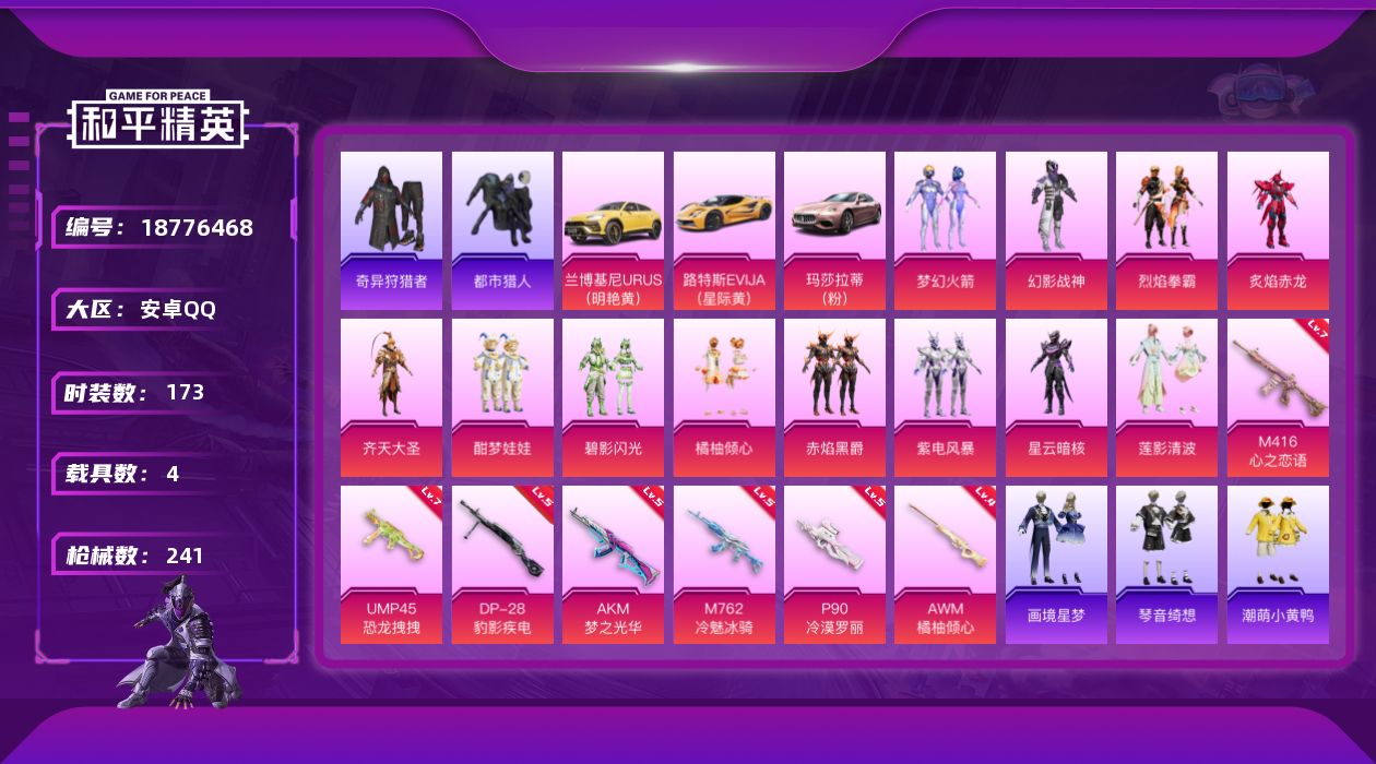 和平精英账号安卓QQ[18776468]安卓 手Q-12粉装-8特效枪-4载具-8粉色飞行器-85349热力值-7王牌印记-173套装-241枪皮
【热门品类】：粉装-梦幻火箭，套装-都市猎人，套装-小丑鱼，套装-奇异狩