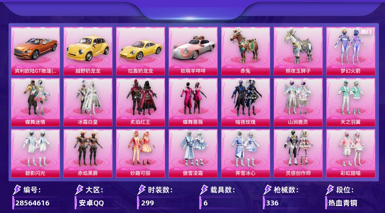 [28564616]安卓手Q30粉装10特效枪6载具14粉色飞行器133980热力值19王牌印记299套装336枪皮
【热门品类】粉装梦幻火箭角色忠猛周仓角色忠真马岱角色忠义严颜套装龟仙人套装暗影哥特套装浪漫波比套装粉红小猪角色Mark.06大砍刀青龙偃月刀撬棍龙胆亮银枪
【粉色套装】粉装蝶舞迷情粉装梦幻火箭粉装冰霜白皇粉装炙焰红王粉装蝶舞蔷薇粉装暗夜玫瑰粉装山涧鹿灵粉装天之羽翼粉装碧影闪光粉装赤焰黑爵粉装妙趣可丽粉装傲雪凌霜粉装霁雪冰心粉装灵感创作师粉装彩虹甜喵女娲后裔赵灵儿粉装千面幻镜粉装冰川红玫粉装寒光使者粉装暗夜鎏金粉装仲夏莫吉托超级赛亚人孙悟空粉装瑰丽时代角色小可学妹角色宙之时溯角色星云暗核粉装暖暖奶龙角色小蓝角色千金淑猫粉装幻彩电音
【粉色枪皮等级】SCARL万古烈焰(三级)GROZA旋转彩虹(七级)Vector灵感创作师(七级)Kar98K巳巳如意(五级)Kar98K圣域龙灵(三级)Mk14福马献瑞(四级)SLR暗夜玫瑰(七级)AA12G其乐融融(一级)DP28豹影疾电(五级)MG3酷泡奶龙(七级)
【粉色载具】宾利欧陆GT敞篷火焰橘越野奶龙龙拉轰奶龙龙软萌羊咩咩僚机萌酷奶龙赤兔照夜玉狮子
【粉色枪皮】SCARL万古烈焰GROZA旋转彩虹Vector灵感创作师Kar98K巳巳如意Kar98K圣域龙灵Mk14福马献瑞SLR暗夜玫瑰AA12G其乐融融DP28豹影疾电MG3酷泡奶龙
【粉色飞行器】天之羽翼飞行器庄周梦蝶飞行器冰川粉黛飞行器梦幻舞会飞行器白勺歌姬飞行器万古烈焰飞行器彩装战姬飞行器镜域双华灵镜之阶深渊漩涡飞行器曦光华影飞行器幽焰列车飞行器雀灵庇佑飞行器幻星舰长飞行器灵猫魔法师飞行器
【粉色降落伞】粉色回忆降落伞春暖花开降落伞梦幻火箭降落伞童趣迷兔降落伞葫芦兄弟降落伞暗夜玫瑰降落伞海渊国主降落伞绿意幻情降落伞天之羽翼降落伞筑梦精灵降落伞妙趣可丽降落伞环太平洋降落伞暖熊萌萌降落伞绒雪飘舞降落伞垂柳戏鸭降落伞彩虹甜喵降落伞旋转彩虹降落伞暗夜鎏金降落伞白勺歌姬降落伞万古烈焰降落伞莲影清波降落伞龙行天下降落伞镜域双华降落伞鬼刀降落伞雪月幻音降落伞智耀战神降落伞星穹咏叹调降落伞喜羊羊与灰太狼降落伞
【稀有套装】套装龟仙人套装绒宝小鹅套装巳巳如意套装雪国风尚套装马上有钱套装其乐融融套装恋语绒绒套装雏菊兔兔套装萝兰蝴蝶套装小熊娃娃套装糖糖葫芦套装青团波波套装棉花软糖角色俏兔智灵套
