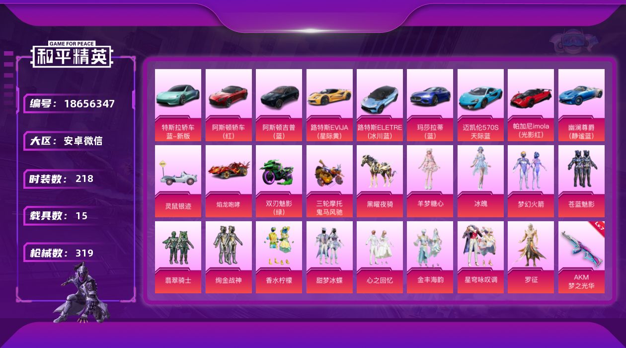 和平精英账号安卓微信[18656347]粉装13/粉枪19/载具15/珍稀飞行器130245,72237,72269,72281,106010,114161/套装218/枪皮319/热力值119796/历史最高段位:王牌