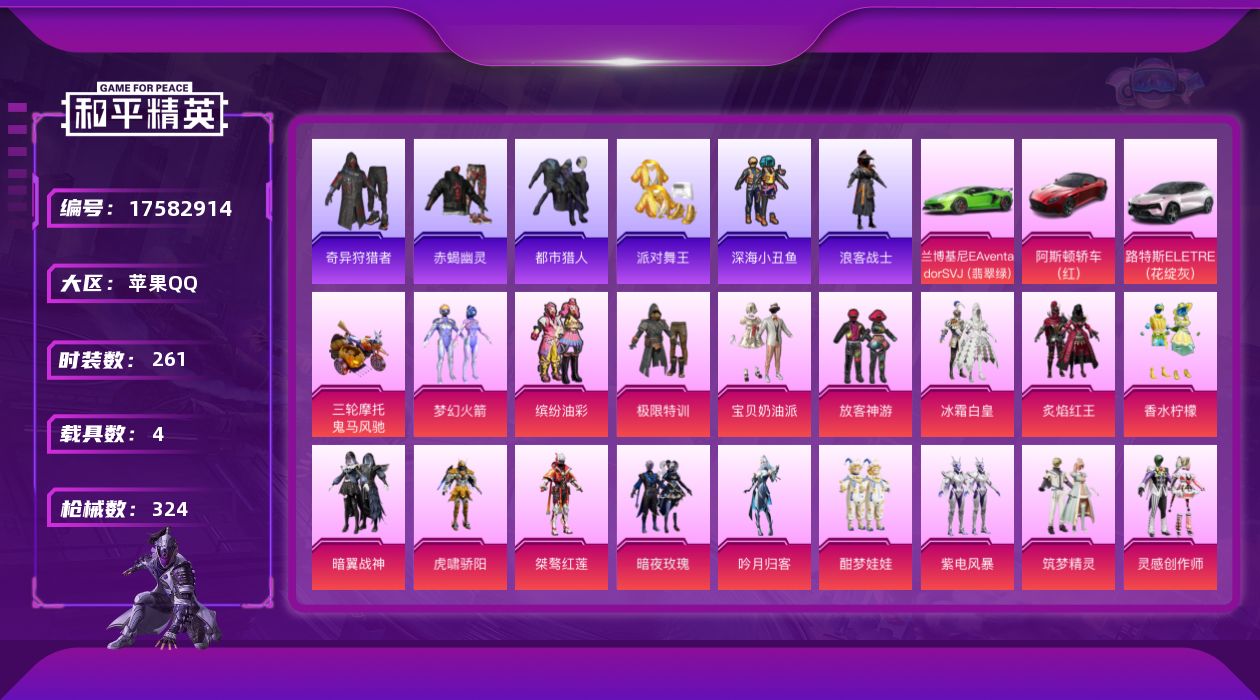 和平精英账号苹果QQ[17582914]苹果 手Q-无敌战神框-19粉装-15特效枪-4载具-3粉色飞行器-119962热力值-25王牌印记-261套装-324枪皮
【热门品类】：粉装-梦幻火箭，粉装-缤纷油彩，套装-浪
