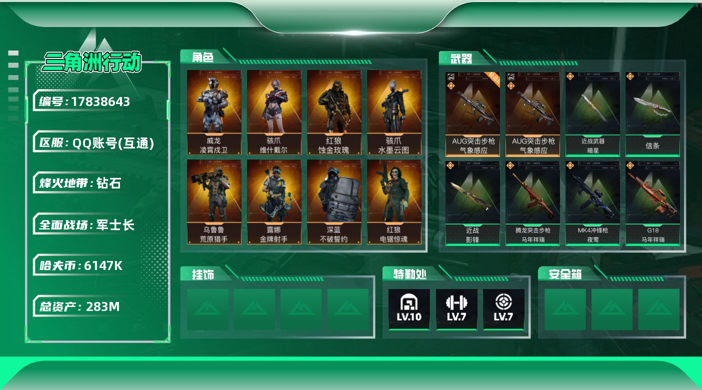 三角洲行动账号QQ【4849】流动资产(M)55    特勤全满级
283m总资产-6147k哈夫币-60烽火等级-钻