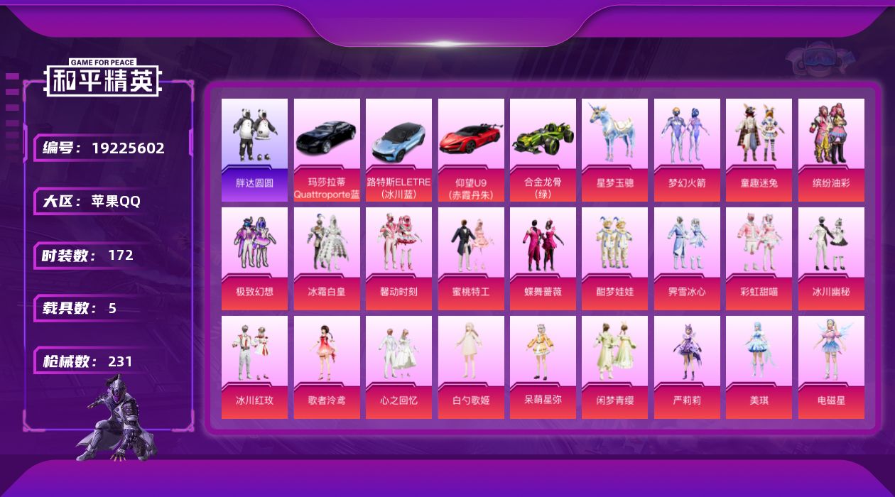和平精英账号苹果QQ[19225602]苹果 手Q-26粉装-12特效枪-5载具-6粉色飞行器-91585热力值-12王牌印记-172套装-231枪皮
【热门品类】：粉装-梦幻火箭，粉装-童趣迷兔，粉装-缤纷油彩，套装-