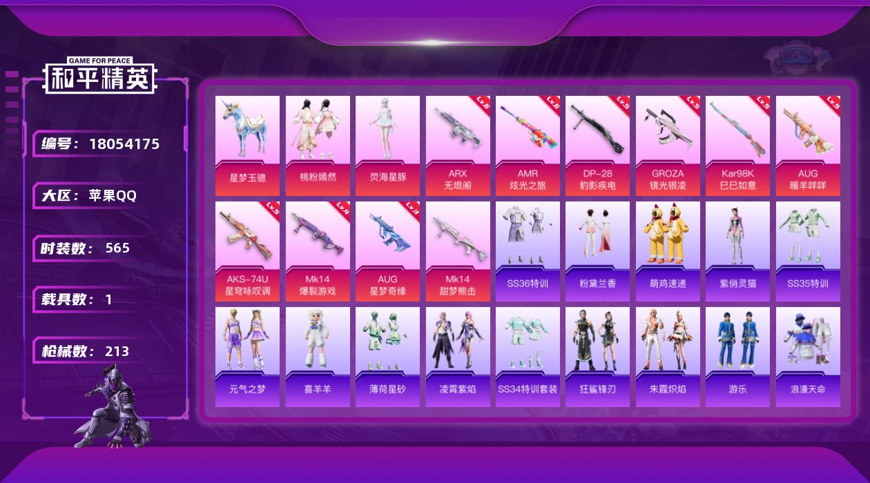 和平精英账号苹果QQ1载具-143套装-213枪皮-AUG-星梦奇缘3级 1稀有1载具2粉装14特效枪5热门143套装2