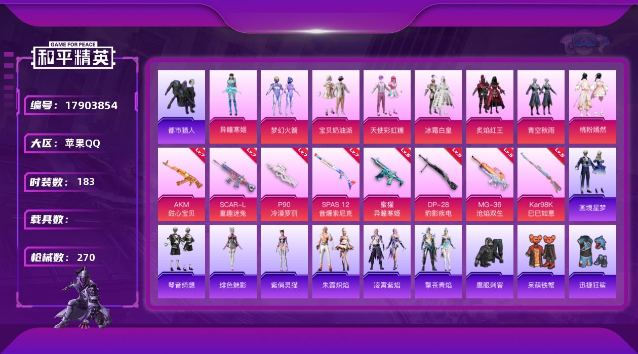 和平精英账号苹果QQ[17903854]苹果 手Q-8粉装-11特效枪-0载具-4粉色飞行器-83652热力值-15王牌印记-183套装-270枪皮
【热门品类】：粉装-梦幻火箭，套装-浪漫天命，套装-都市猎人，套装-小