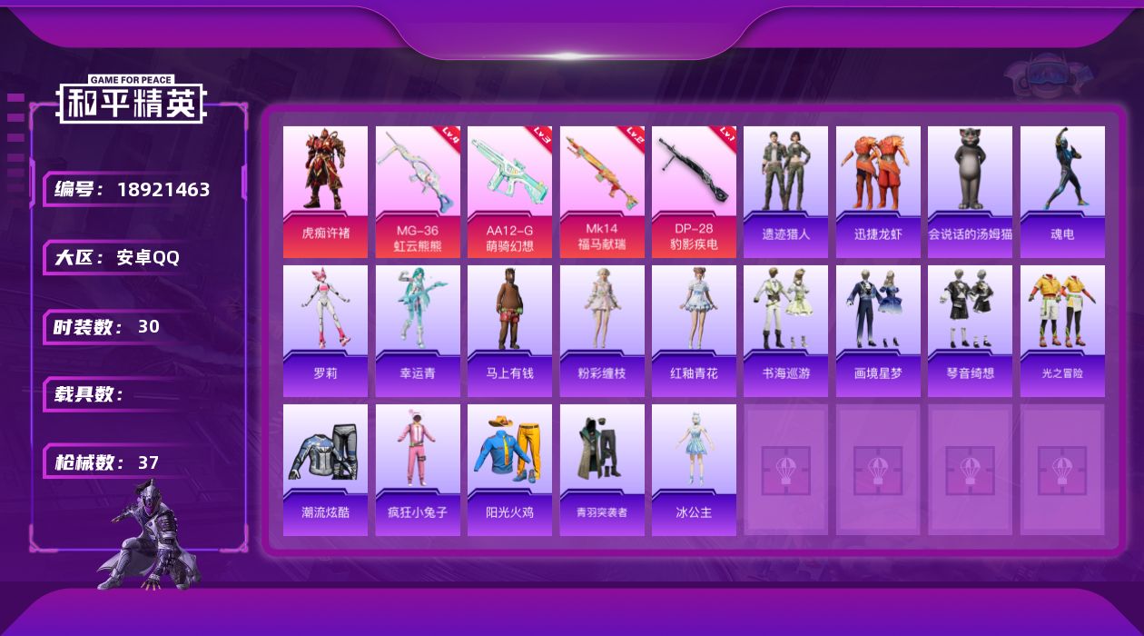 和平精英账号安卓QQ[18921463]安卓 手Q-1粉装-4特效枪-0载具-0粉色飞行器-10220热力值-1王牌印记-30套装-37枪皮
【粉色套装】：角色-虎痴许褚
【粉色枪皮等级】：Mk14-福马献瑞(二级)，A