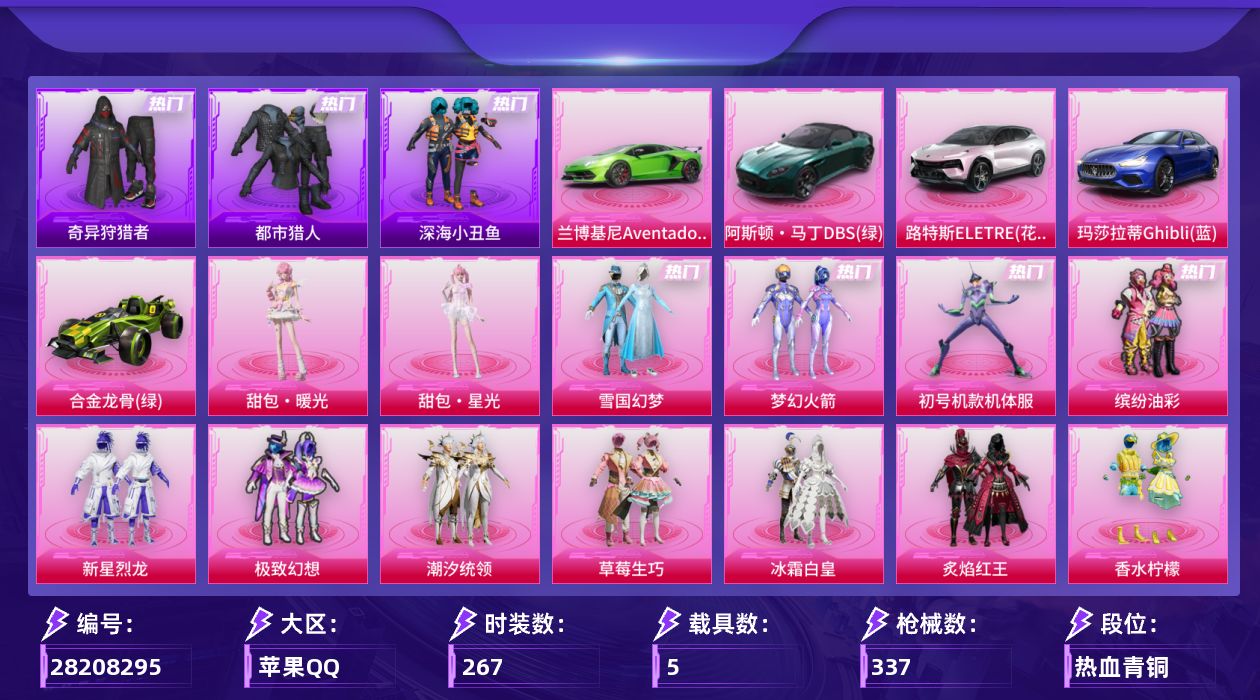 [28208295]苹果手Q-历史最高段位：超级王牌22星-23粉装-17特效枪-5载具-4粉色飞行器-127507热力值-22王牌印记-267套装-337枪皮
【热门品类】：粉装-雪国幻梦，粉装-梦幻火箭，粉装-初号机款机体服，粉装-缤纷油彩，绝对防御上衣，套装-浪漫天命，套装-都市猎人，套装-深海小丑鱼，套装-奇异狩猎者，套装-金羽特工，套装-龟仙人，套装-潮萌小黄鸭，套装-暗影哥特，套装-浪漫波比
【粉色套装】：粉装-雪国幻梦，粉装-梦幻火箭，粉装-缤纷油彩，粉装-新星烈龙，粉装-极致幻想，粉装-潮汐统领，粉装-草莓生巧，粉装-冰霜白皇，粉装-炙焰红王，粉装-香水柠檬，粉装-彩虹鹿灵，粉装-山涧鹿灵，角色-洛天依，角色-初号机款机体服，粉装-橘柚倾心，粉装-暖熊萌萌，粉装-太空嘟嘟，粉装-彩虹甜喵，粉装-冰川幽秘，角色-圣堂之誓，粉装-星月云朵，人物-甜包·暖光，人物-甜包·星光
【粉色枪皮等级】：AKM-炫紫旋律(七级)，SCAR-L-童趣迷兔(七级)，M416-五爪金龙(一级)，M416-心之恋语(五级)，M762-甜蜜誓约(五级)，赤霄-甜包(四级)，UMP45-雪国精灵(六级)，汤姆逊-玉魄流云(五级)，AKS-74U-琉璃赤心(五级)，P90-甜蜜草莓(五级)，Kar98K-伏魔团(四级)，Kar98K-巳巳如意(三级)，AWM-花间之火(五级)，Mk14-福马献瑞(四级)，M249-彩虹甜喵(四级)，DP-28-枪炮玫瑰(四级)，M338-回旋牧梦使(四级)
【粉色载具】：兰博基尼Aventador SVJ（翡翠绿），阿斯顿马丁DBS（绿），路特斯ELETRE（花绽灰），玛莎拉蒂Ghibli（蓝），合金龙骨（绿）
【粉色枪皮】：AKM-炫紫旋律，SCAR-L-童趣迷兔，M416-五爪金龙，M416-心之恋语，M762-甜蜜誓约，赤霄-甜包，UMP45-雪国精灵，汤姆逊-玉魄流云，AKS-74U-琉璃赤心，P90-甜蜜草莓，Kar98K-伏魔团，Kar98K-巳巳如意，AWM-花间之火，Mk14-福马献瑞，M249-彩虹甜喵，DP-28-枪炮玫瑰，M338-回旋牧梦使
【粉色飞行器】：神秘黑猫飞行器，心之恋语飞行翼，阿狸红飞行器，太空嘟嘟飞行器
【粉色降落伞】：灰烬之翎降落伞，百万伏特降落伞，粉色回忆降落伞，梦幻火箭降落伞，华贵君王降落伞，甜蜜誓约降落伞，四圣焕新降落